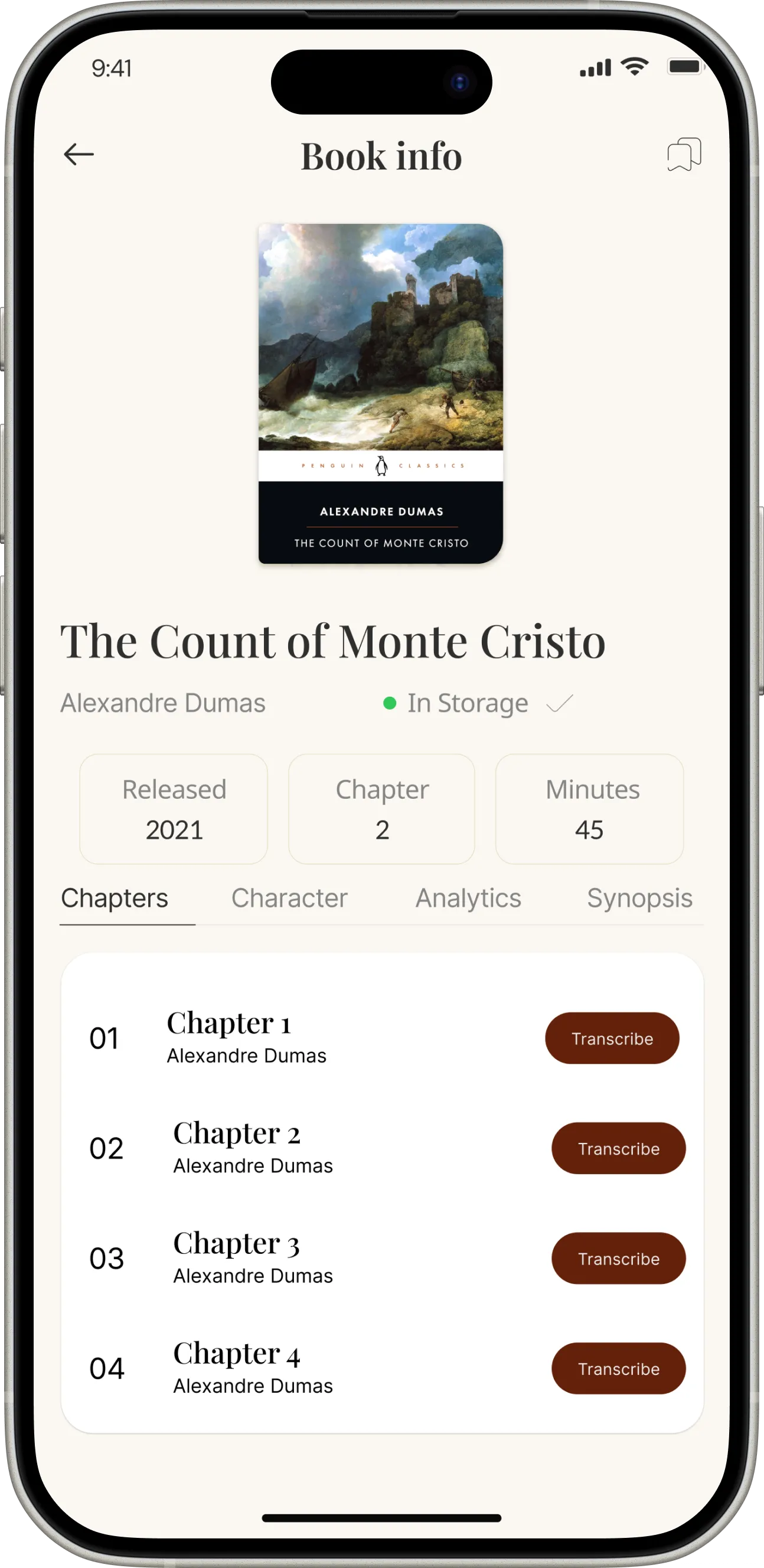 Book info screen with Transcribe buttons for each chapter