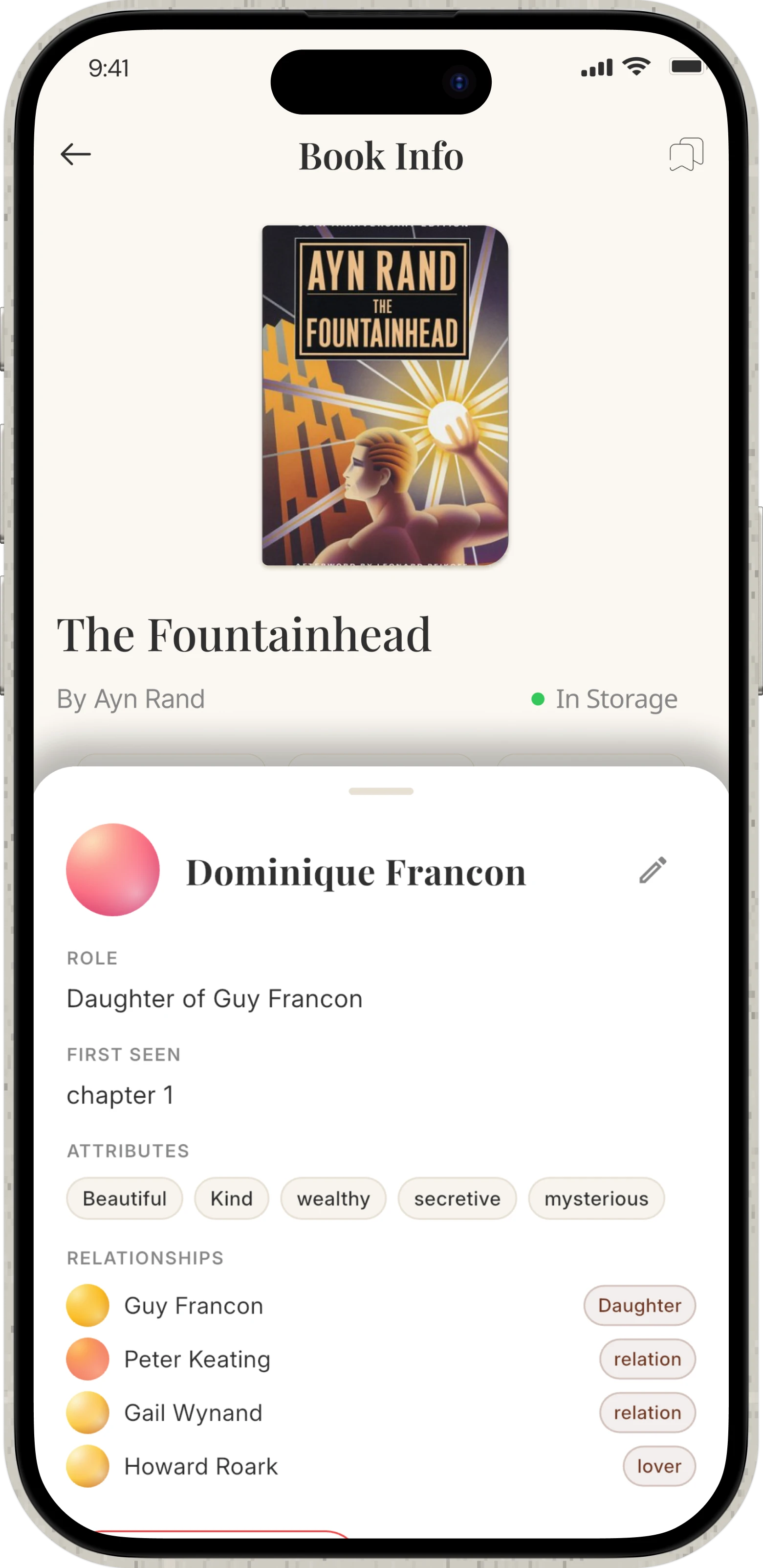 Character detail sheet — role, first seen, attributes and relationships