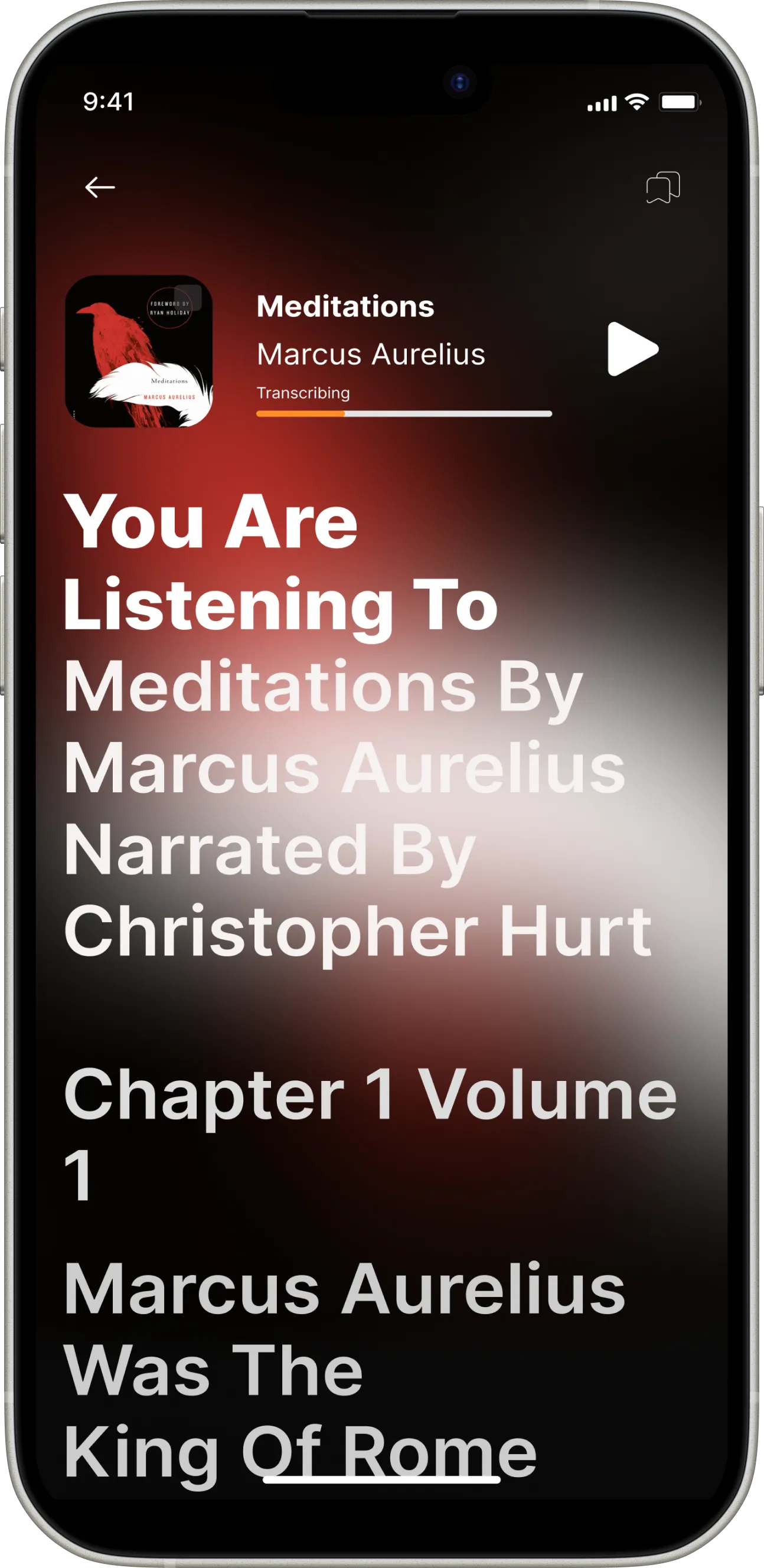 HushBook transcribing Meditations into live word-level karaoke