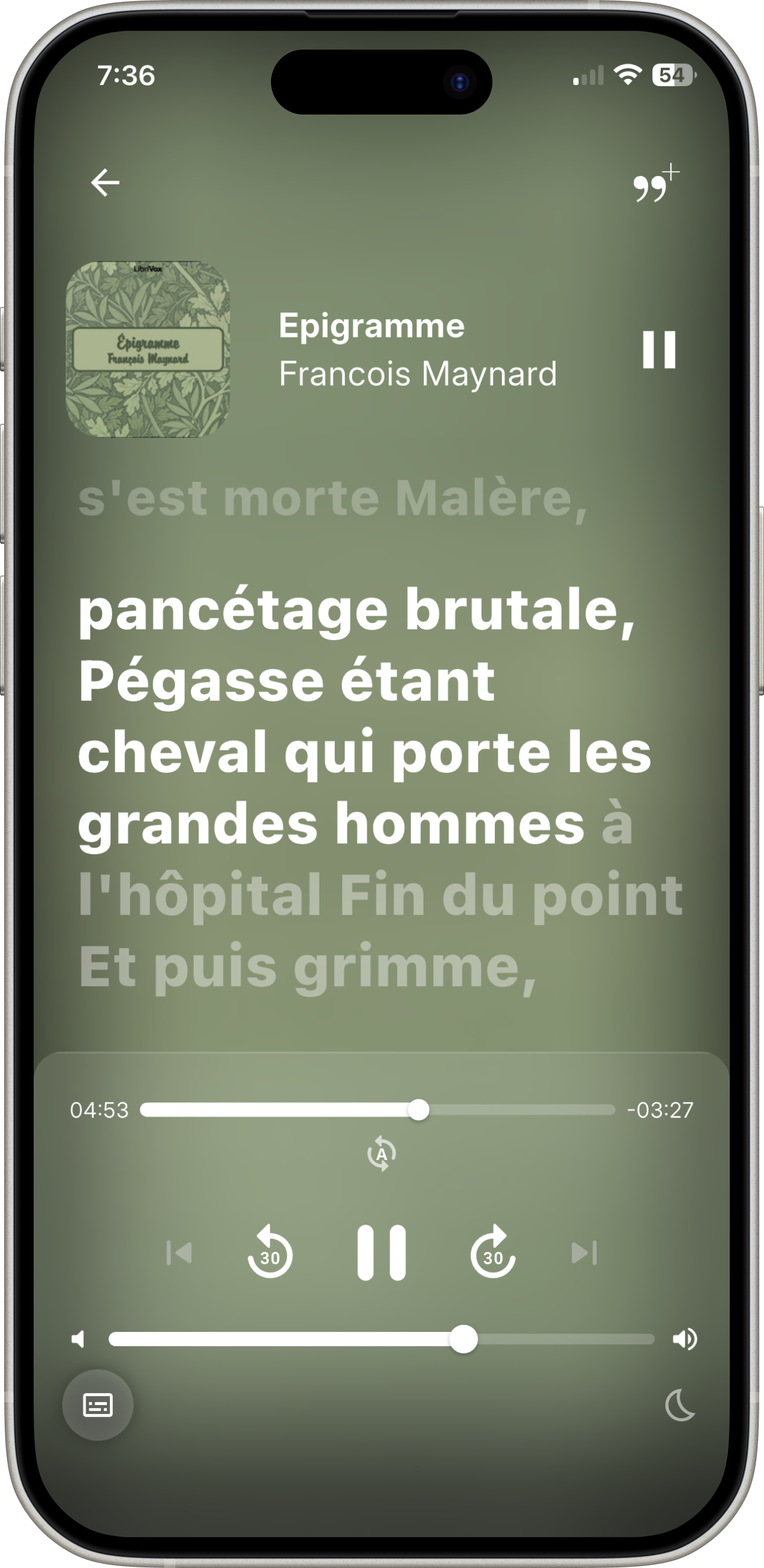 HushBook reading along to Épigramme by François Maynard in French