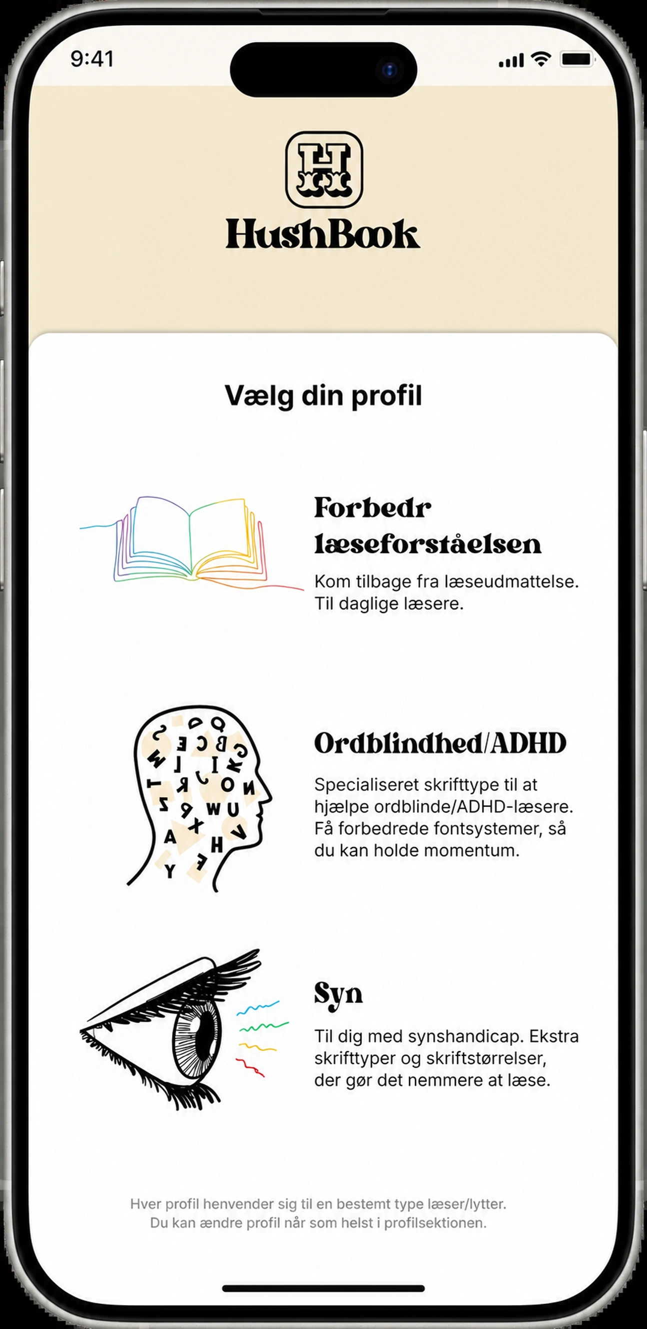 Vælg din læseprofil: Forståelse, Dyslexi / ADHD, eller Vision