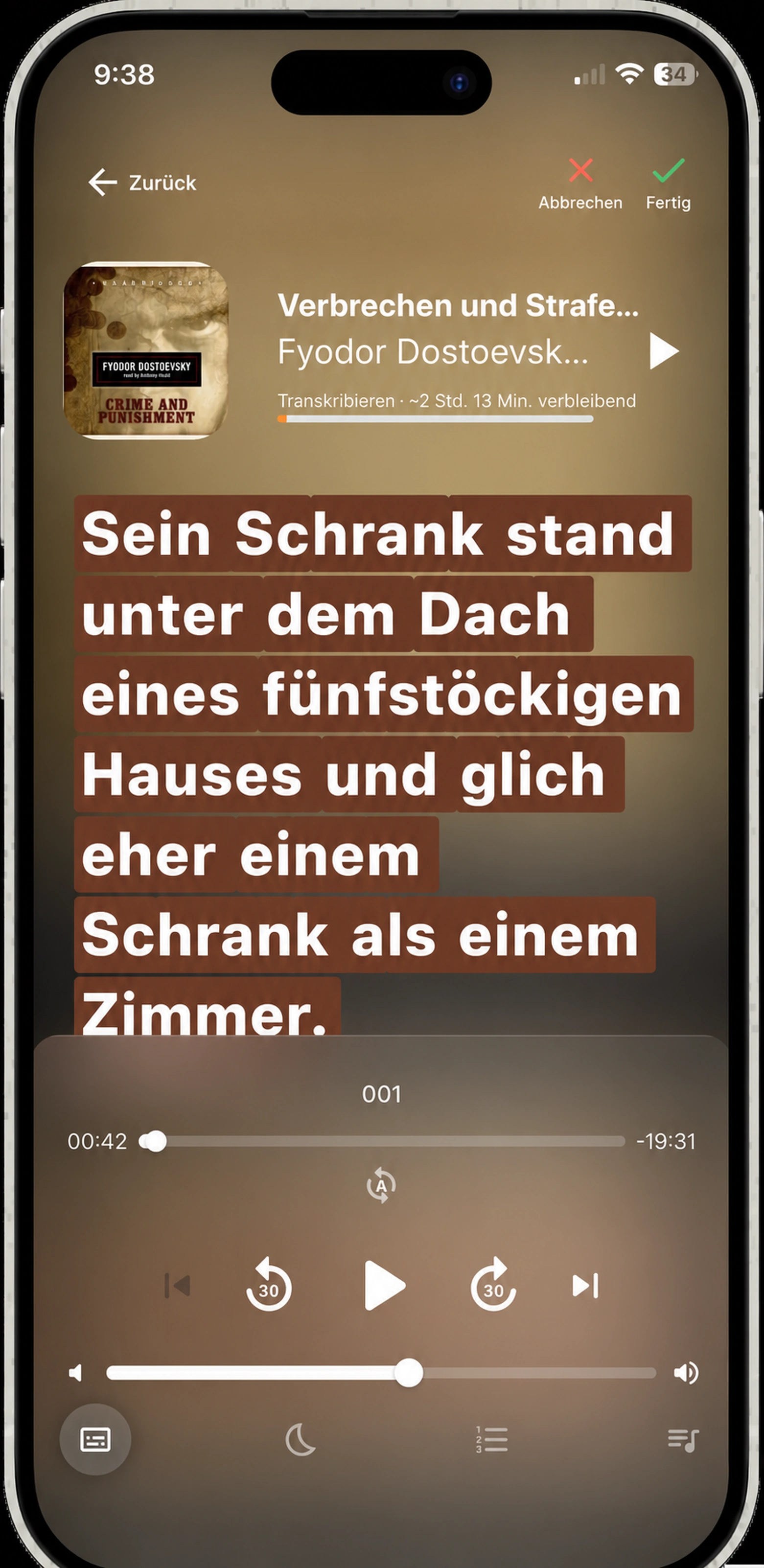 Zitat in HushBook auswählen — erstes und letztes Wort beim Mitlesen antippen