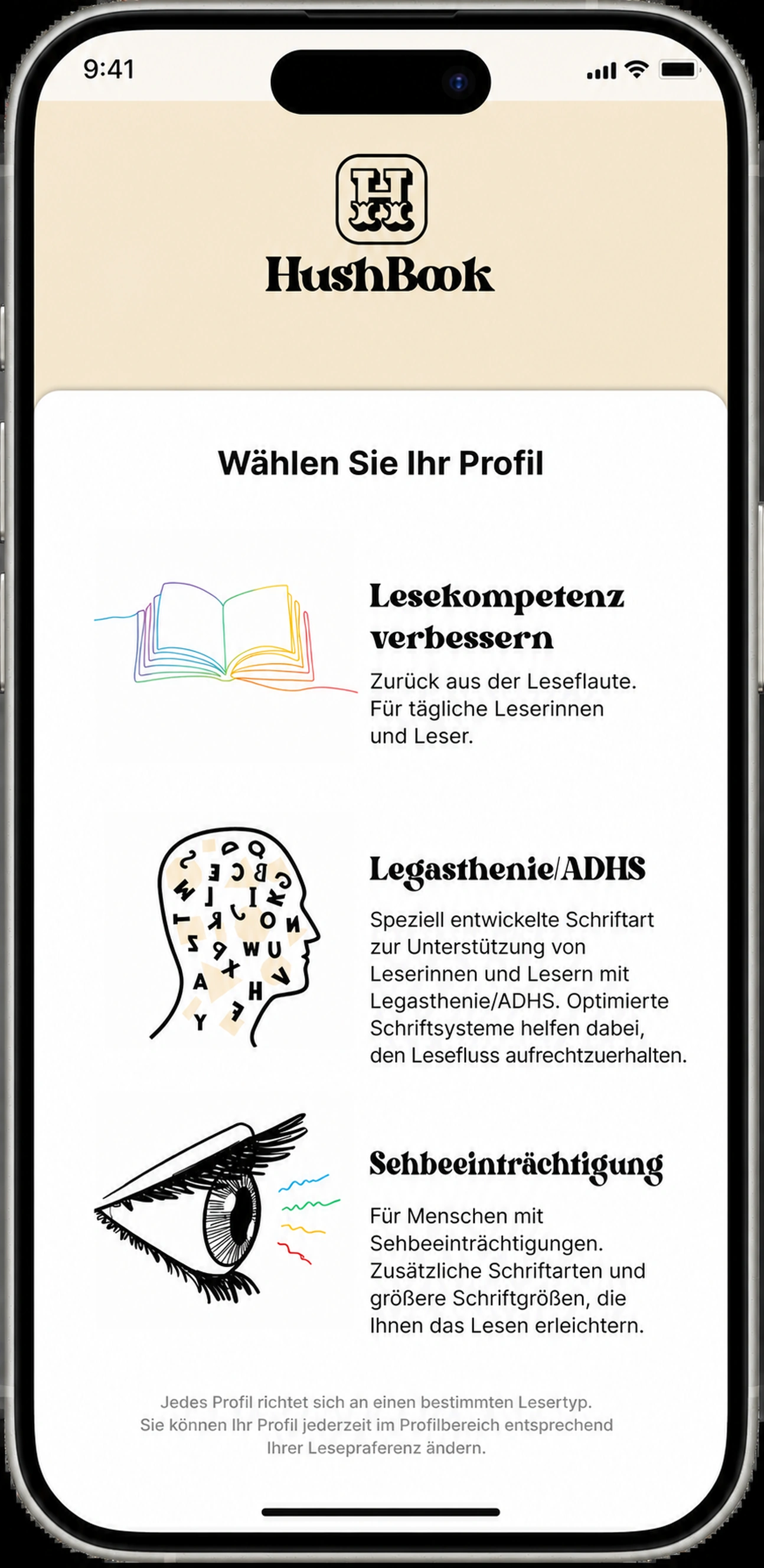 Wähle dein Leseprofil: Verständnis, Legasthenie/ADHS oder Sehen