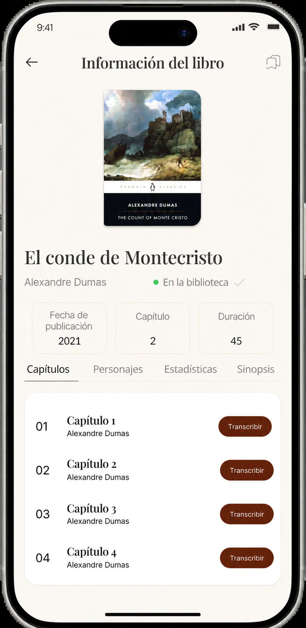Pantalla de información de libro con botones Transcribir para cada capítulo