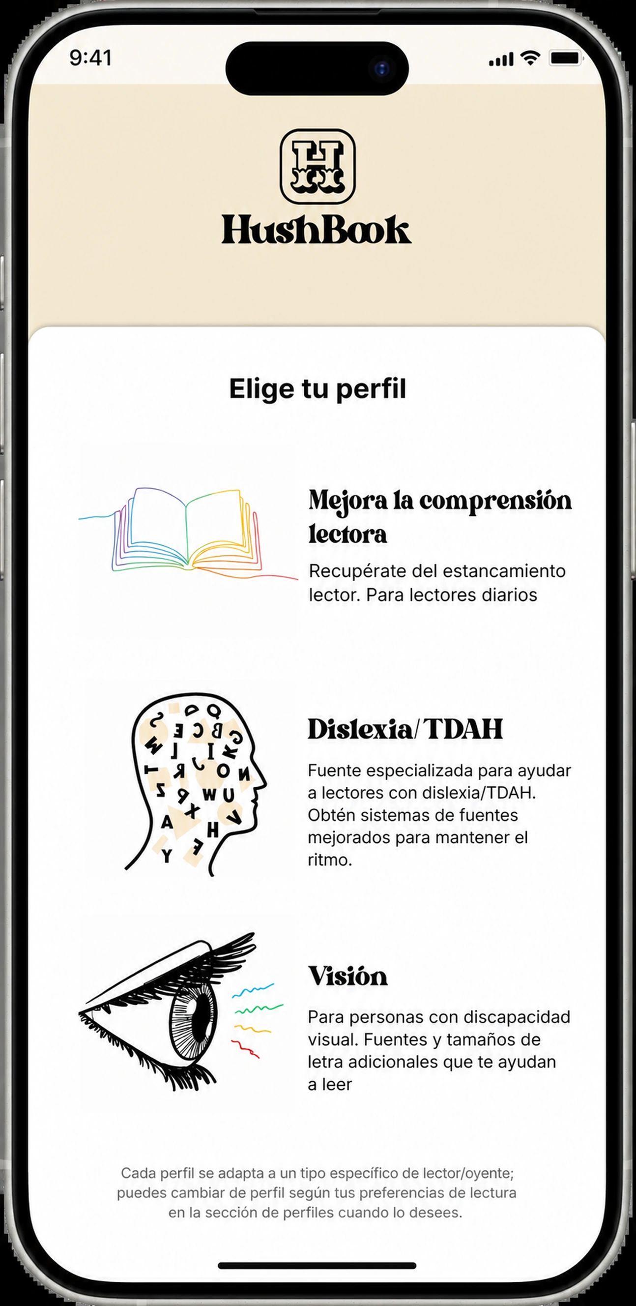 Seleccione su perfil de lectura: Comprensión, Dyslexia/ADHD, o Visión