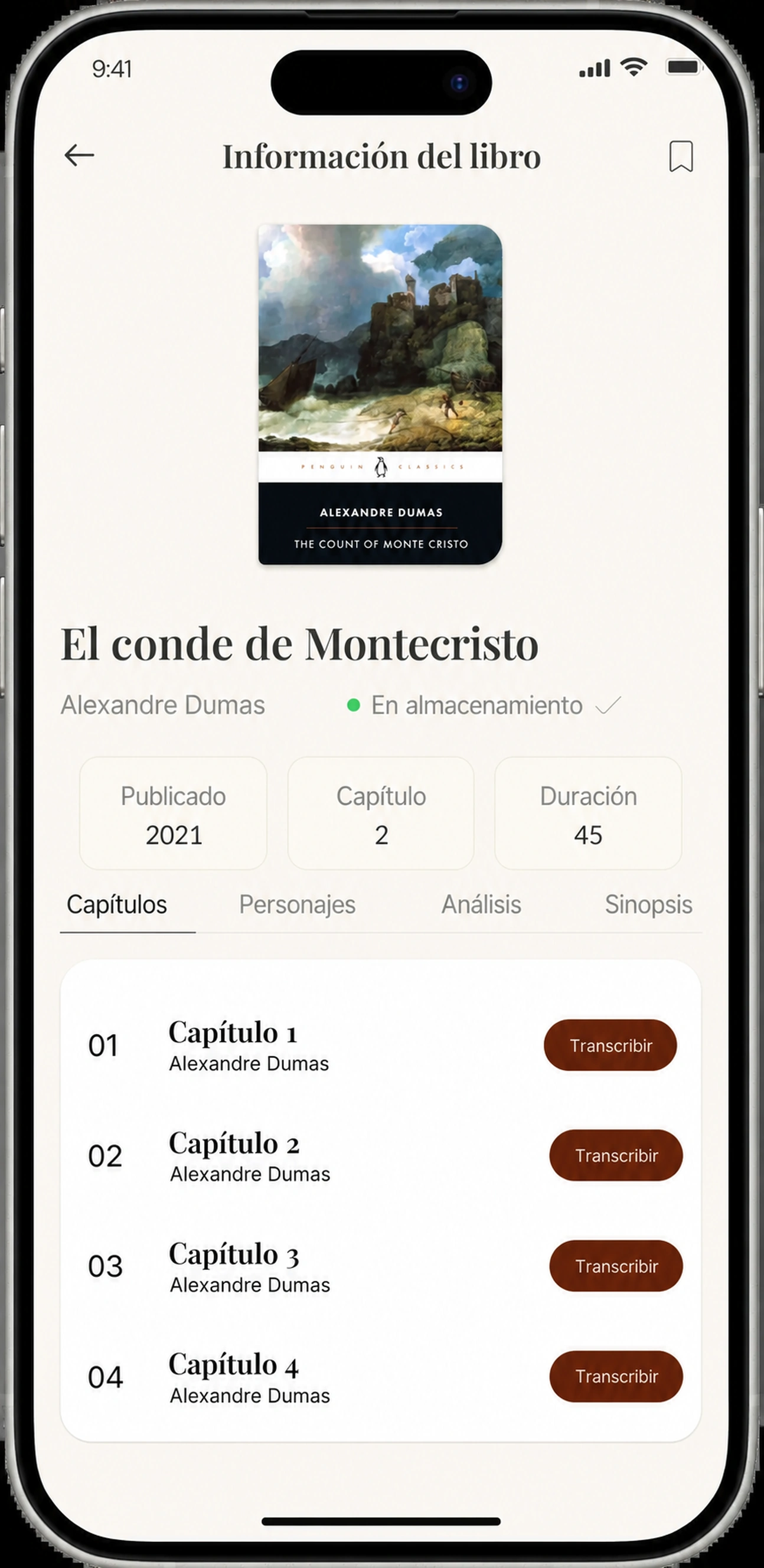 Pantalla de información de libro con botones Transcribir para cada capítulo