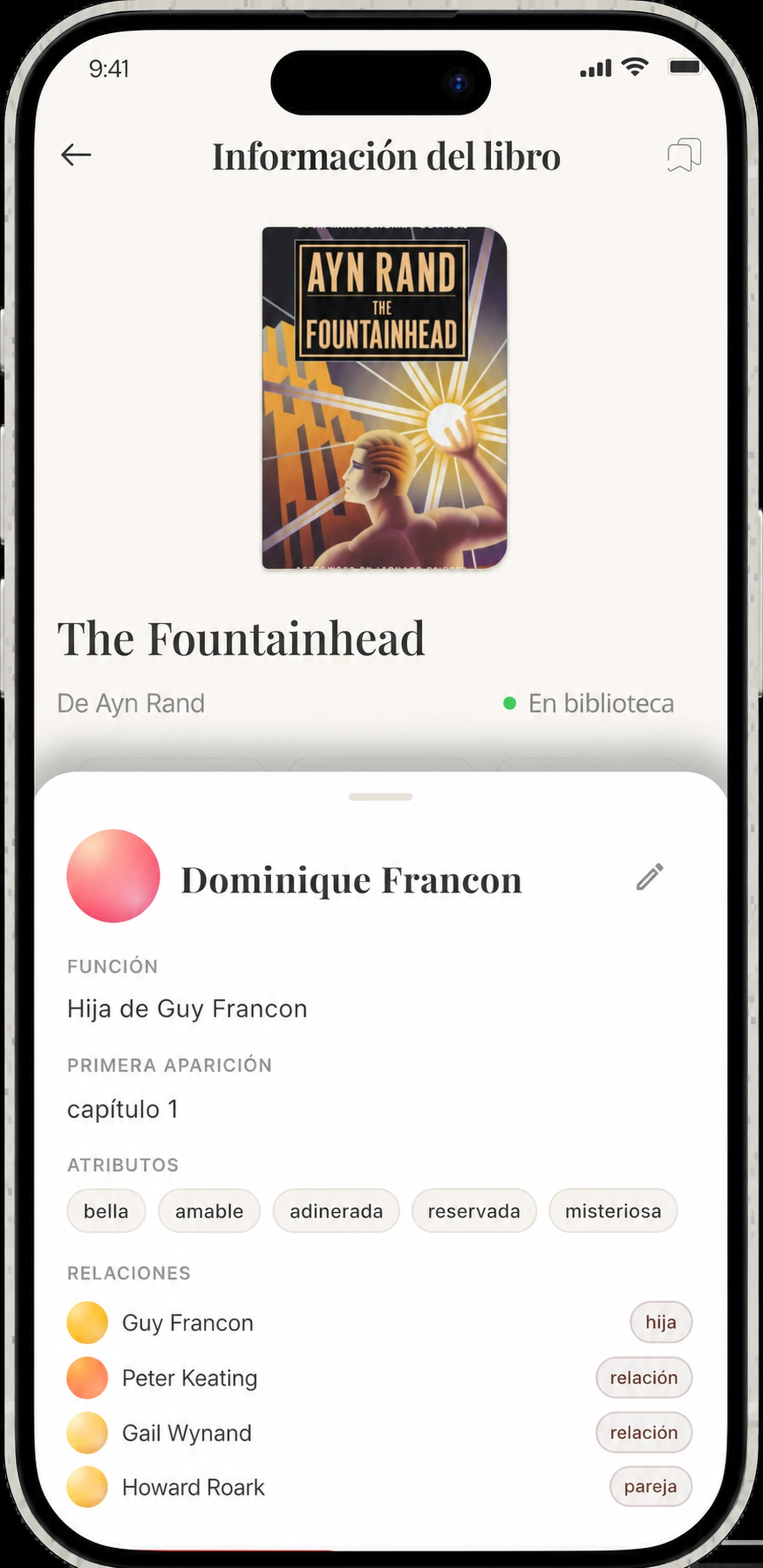 Hoja de detalles de caracteres — función, primera vista, atributos y relaciones