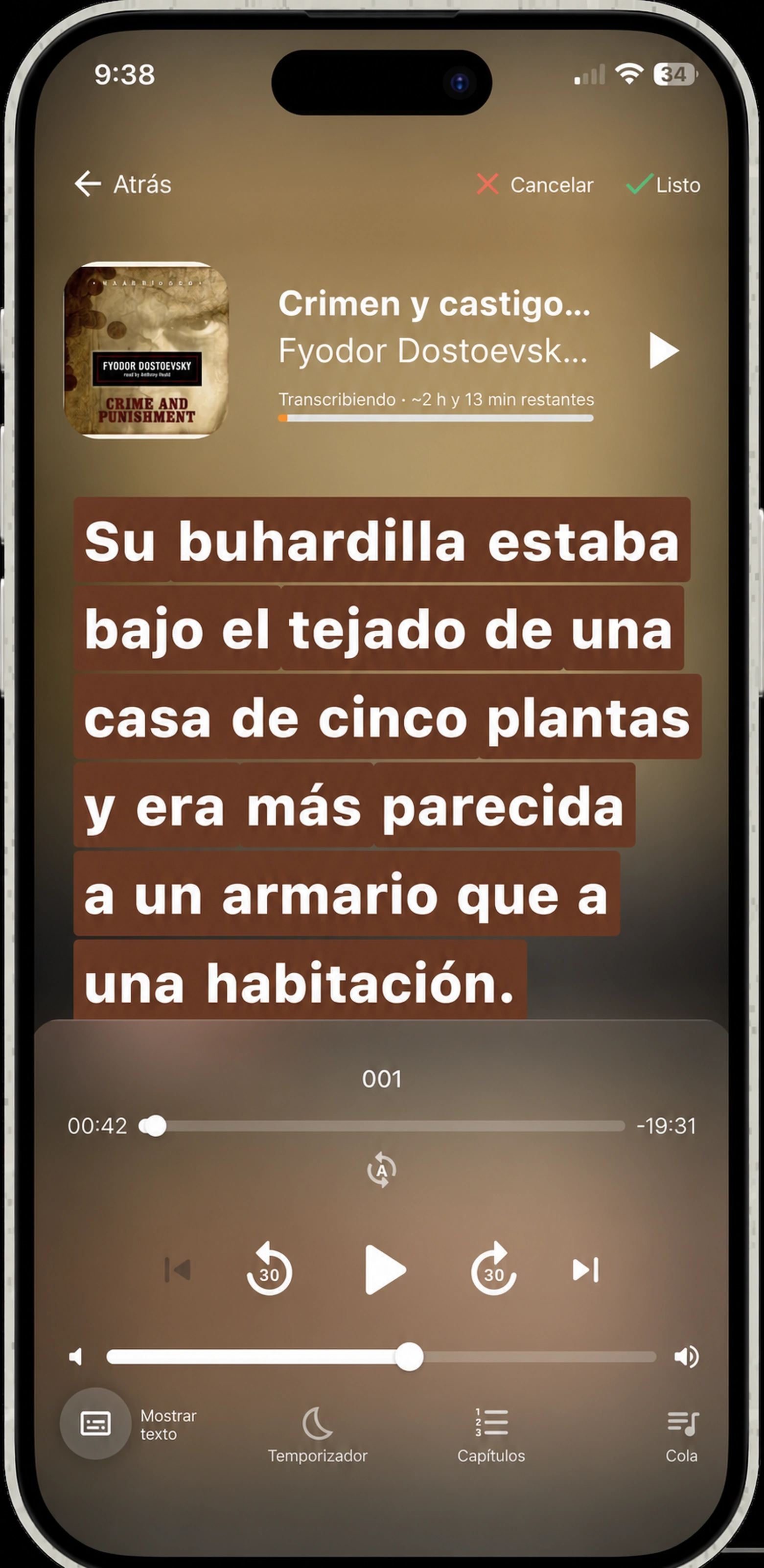 Selección de una cita en HushBook — tocando la primera y última palabra en la letra de lectura larga