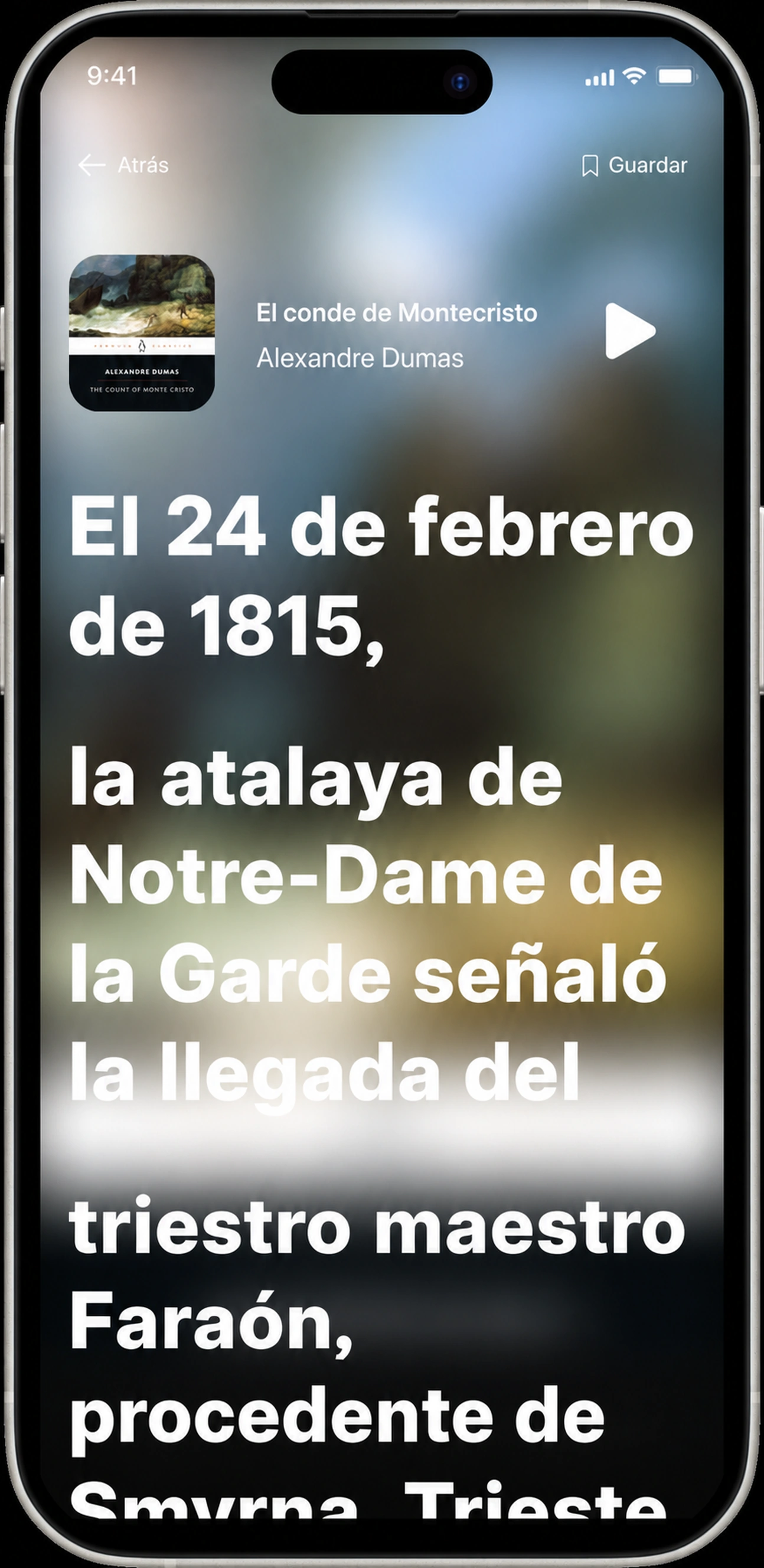 Lectura junto con El Conde de Monte Cristo — cada palabra destacada en sincronía con la narración