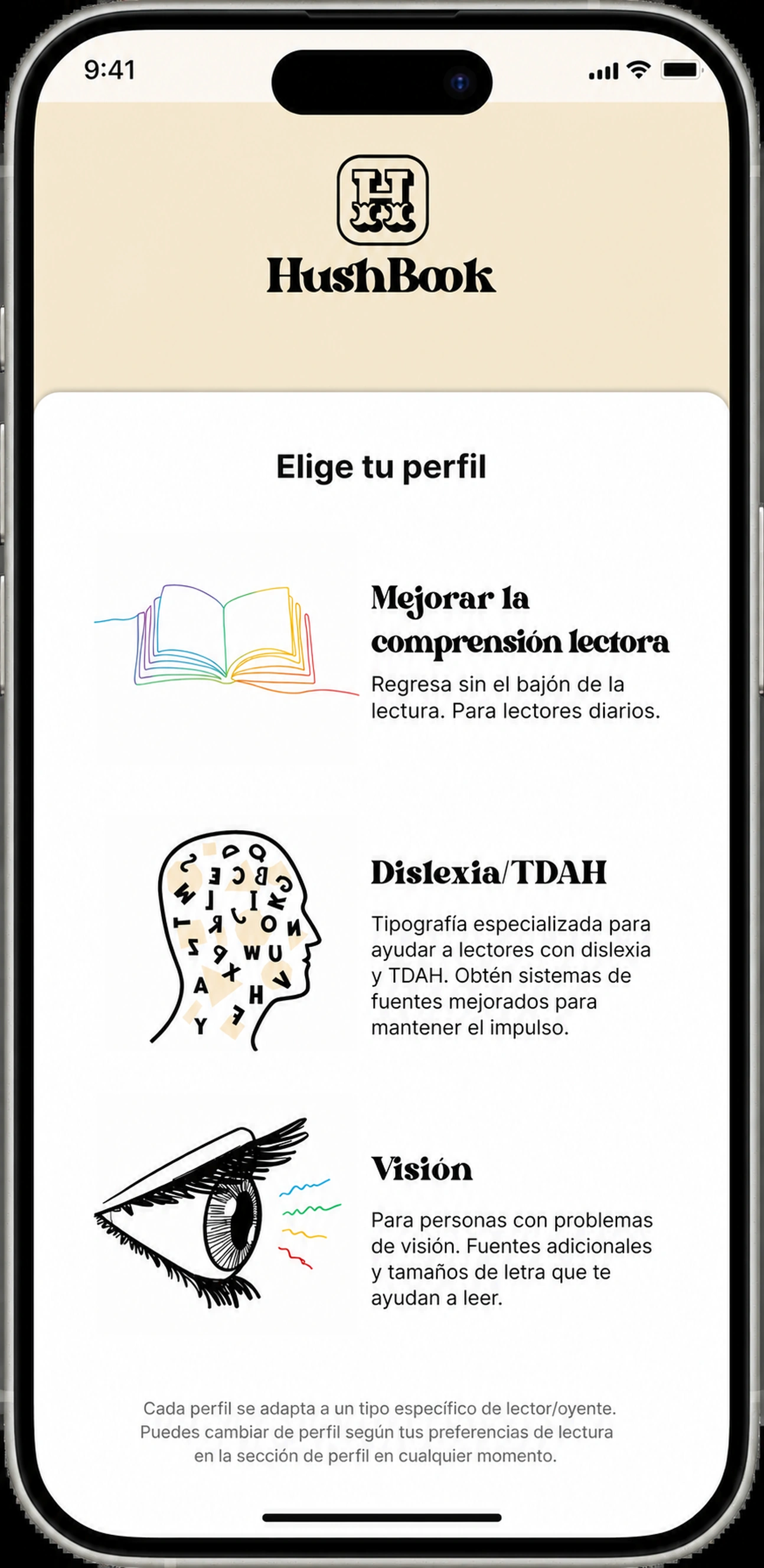 Seleccione su perfil de lectura: Comprensión, Dyslexia/ADHD, o Visión