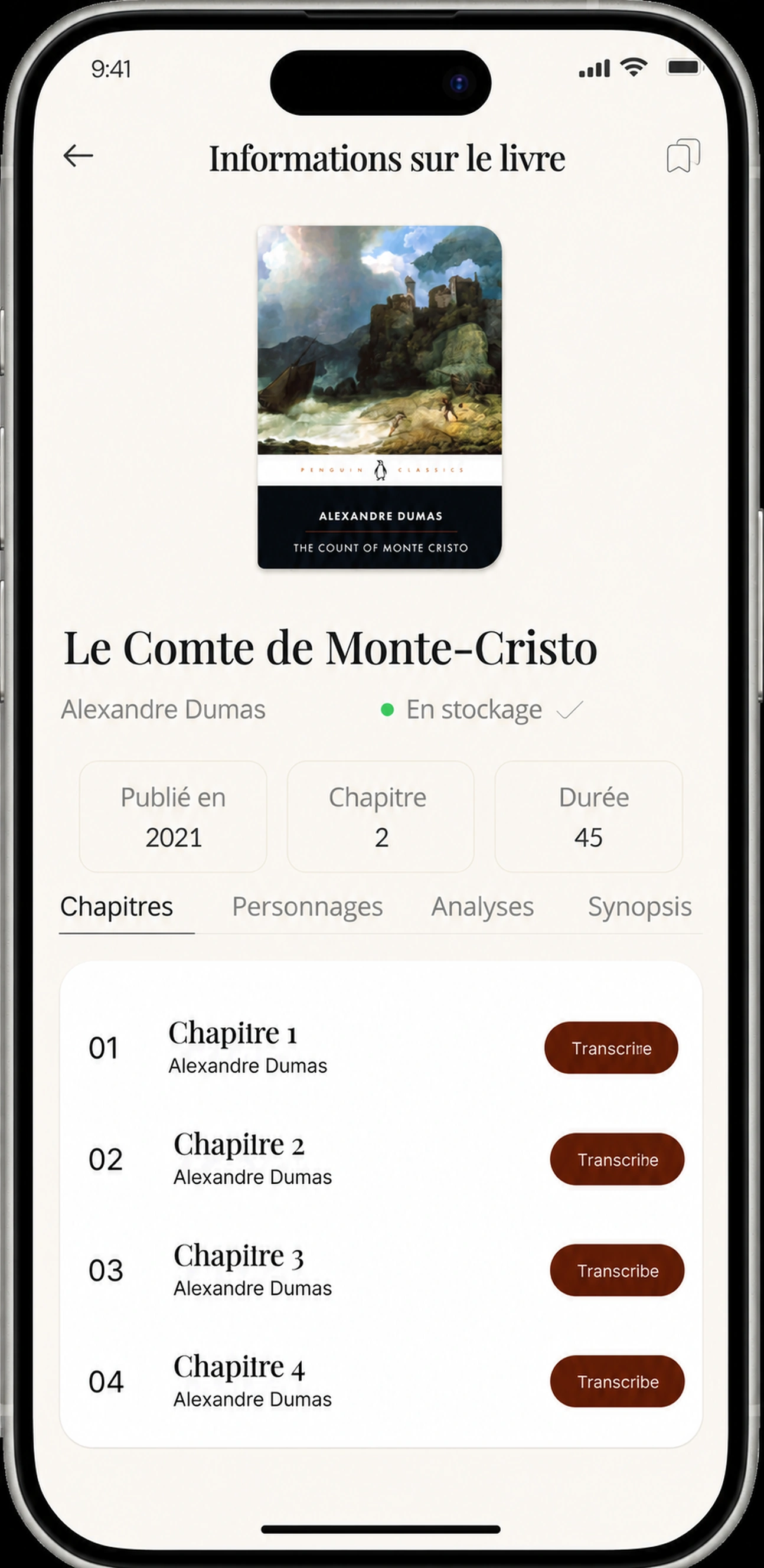 Écran d’informations du livre avec boutons Transcrire pour chaque chapitre