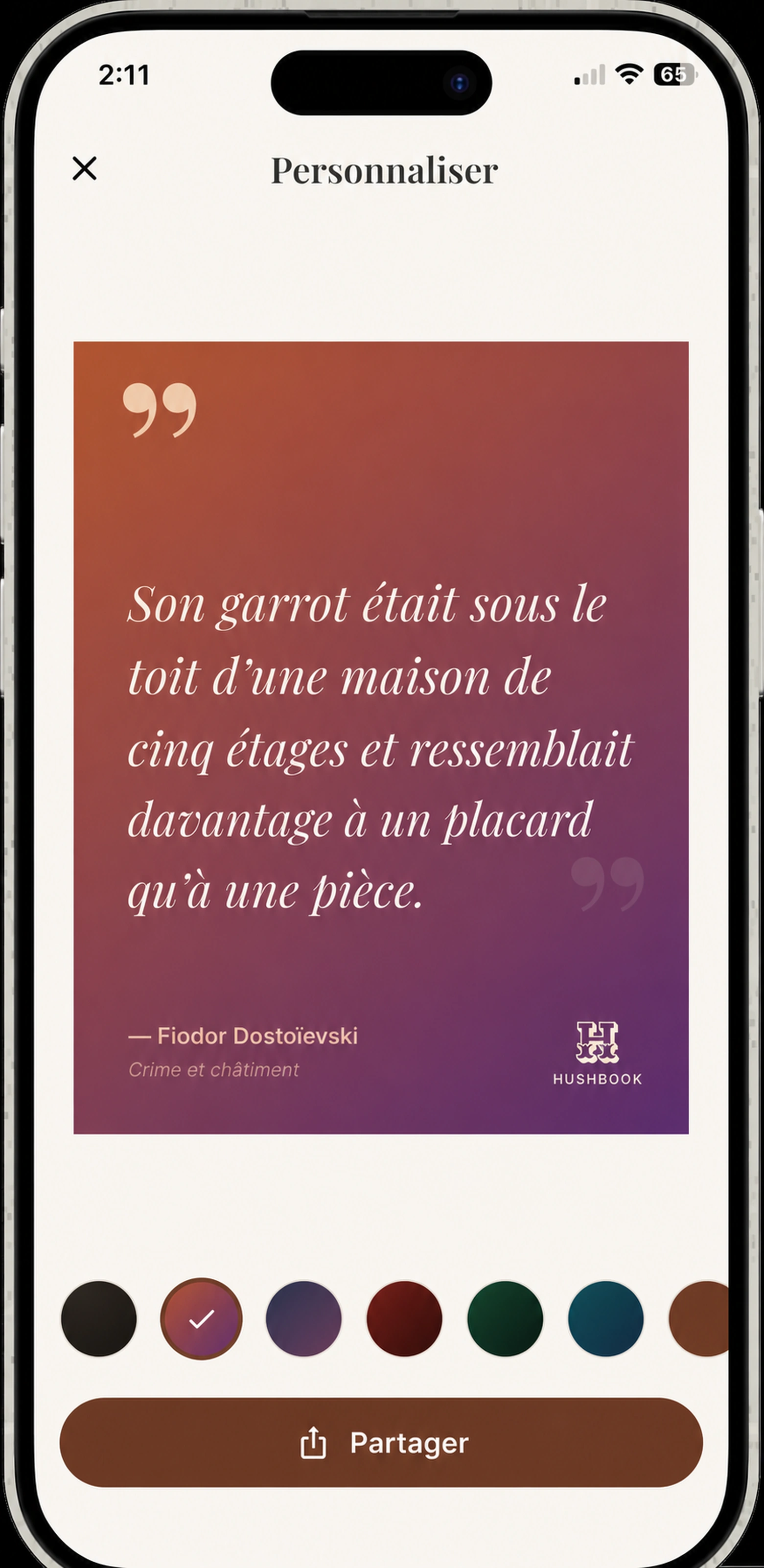 Une carte de citation HushBook finalisée, prête à partager : phrase, auteur et livre