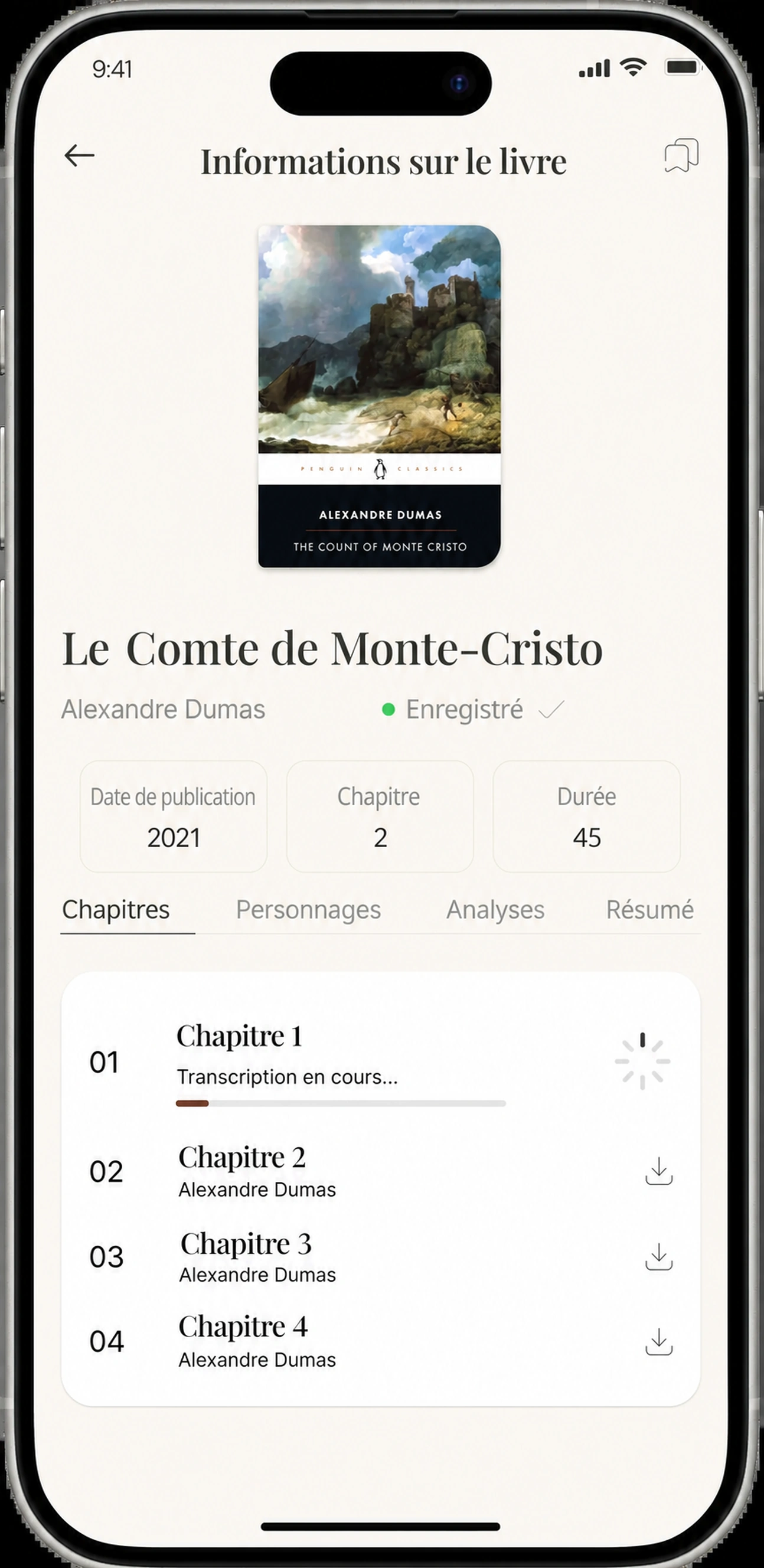Premier chapitre en transcription avec barre de progression