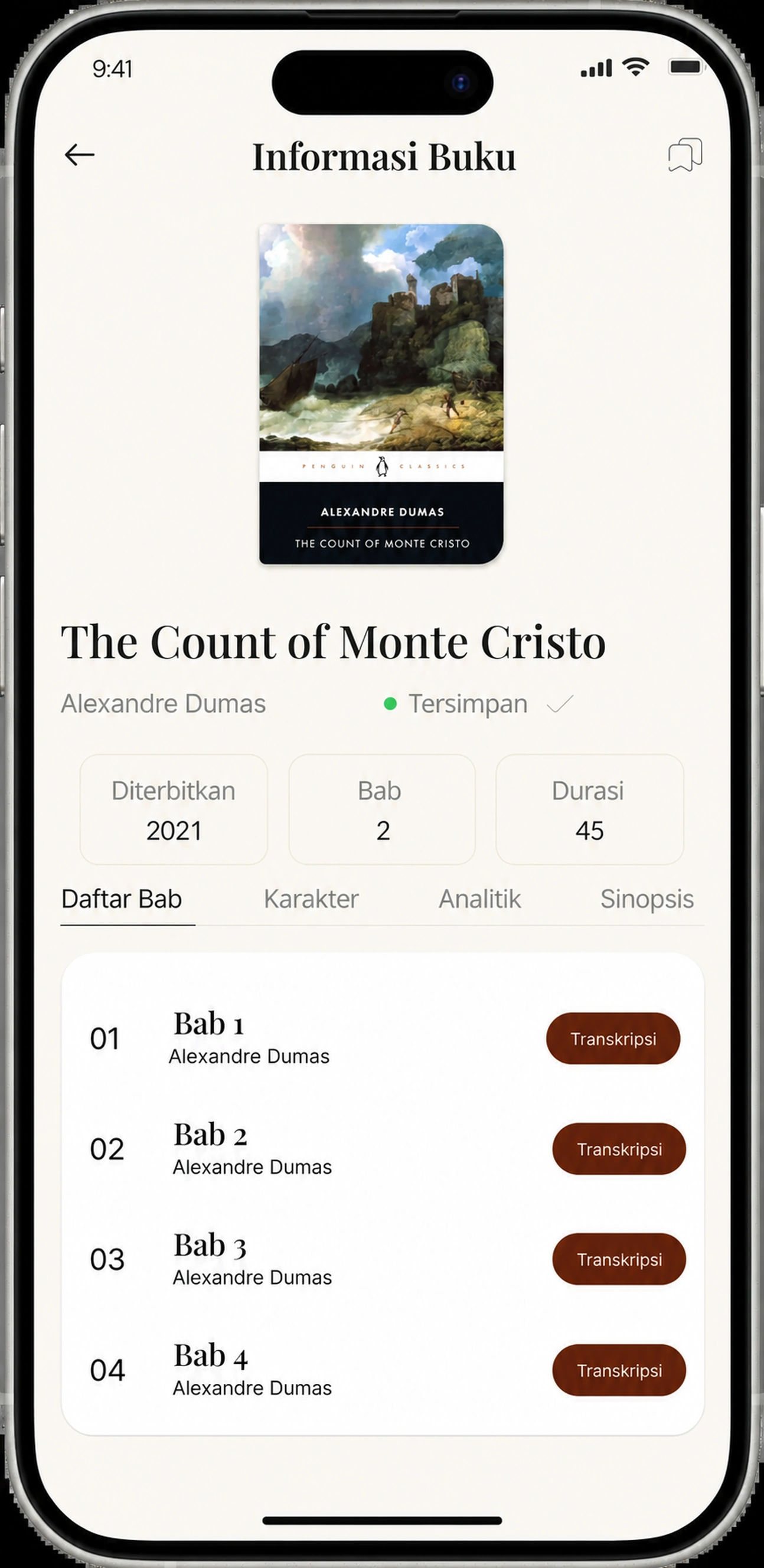 Tampilkan layar info buku dengan tombol translate untuk setiap bab