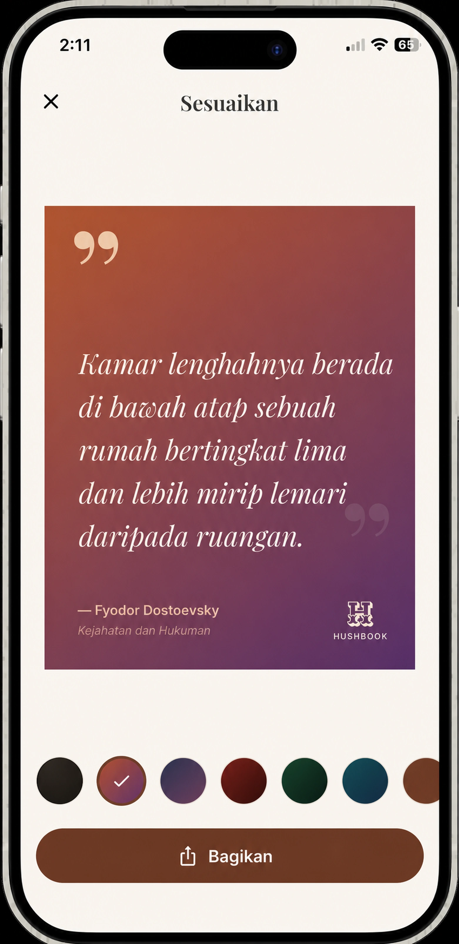 Sebuah kartu kutipan HushBook selesai siap untuk berbagi - baris, penulis, dan buku