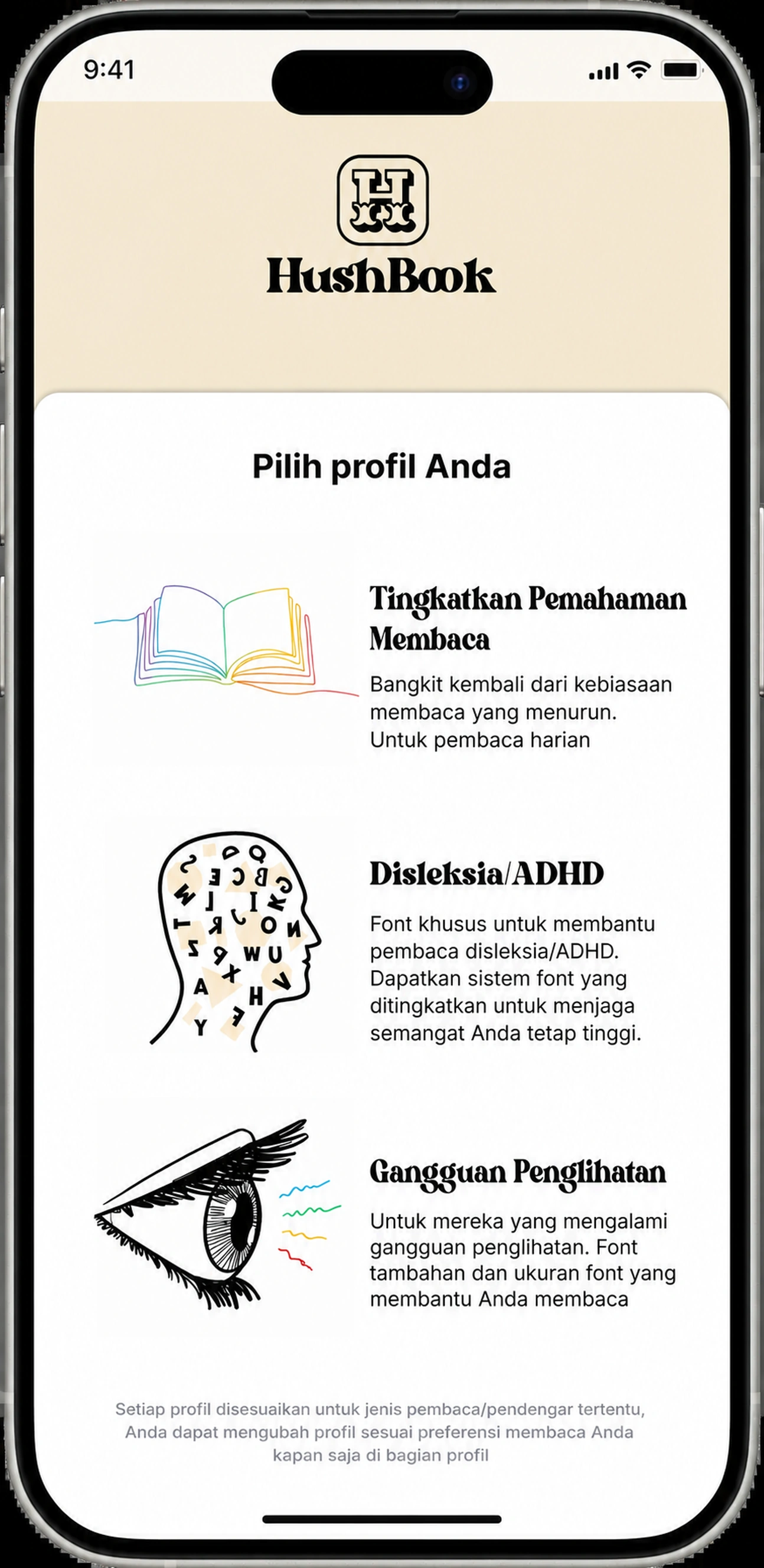 Pilih profil pembacaan Anda: Komprehensi, Dyslexia / ADHD, atau Vision