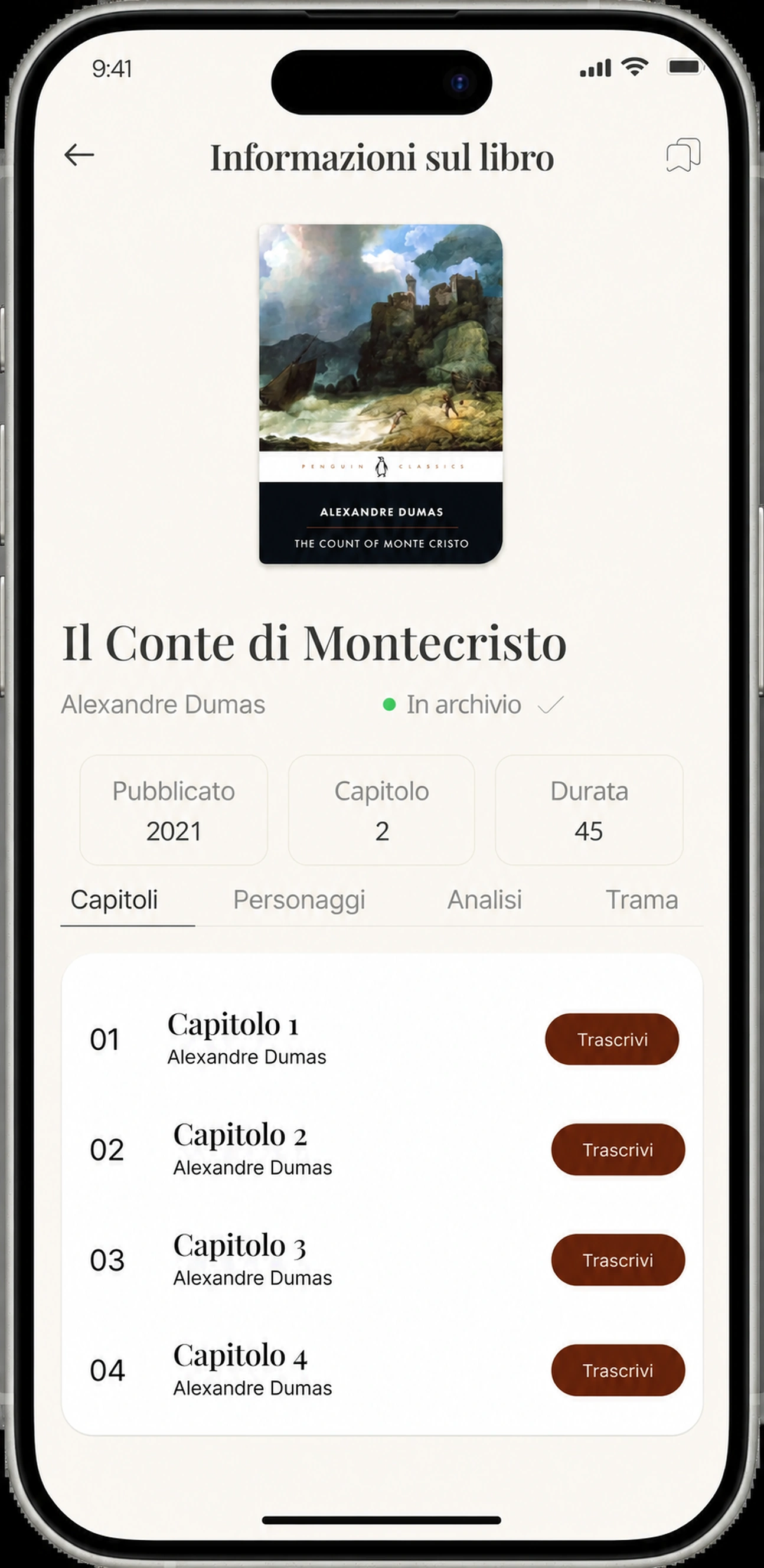 Schermata delle informazioni con pulsanti Trascrivi per ogni capitolo