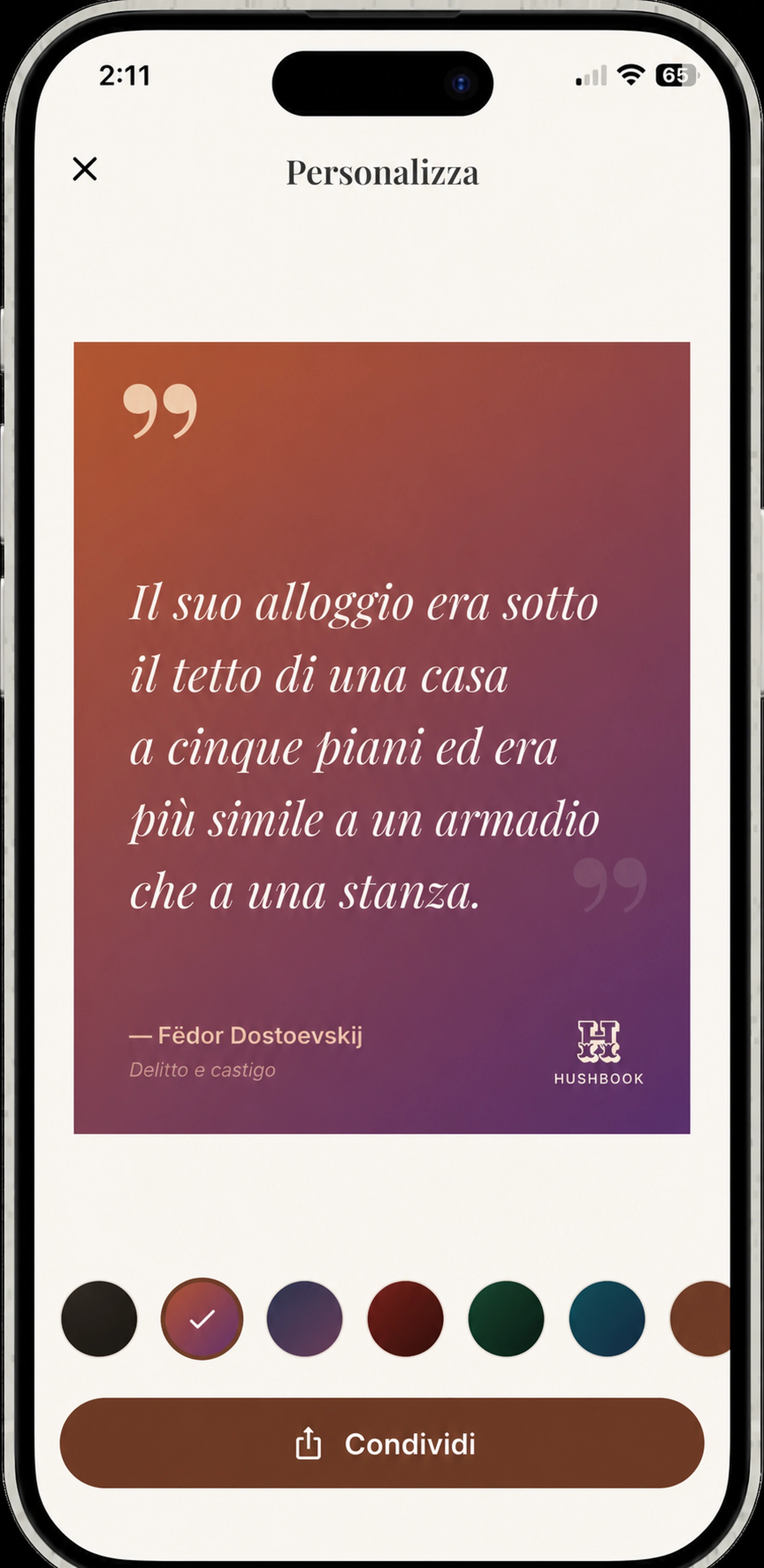 Una carta di preventivo HushBook finita pronto a condividere — la linea, autore e libro