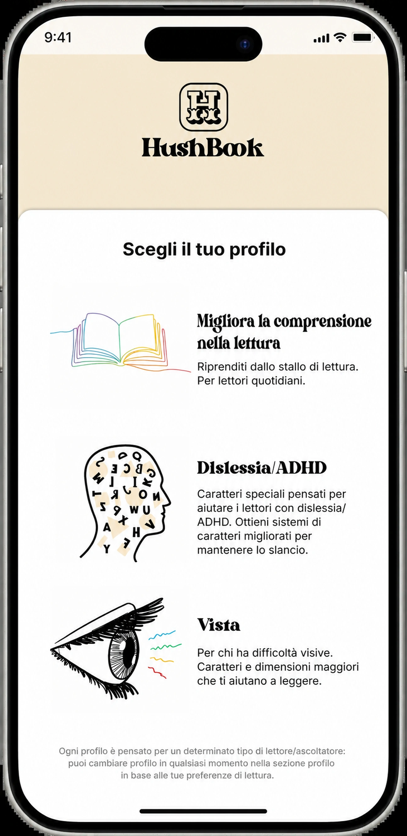Scegli il tuo profilo di lettura: Comprehension, Dyslexia/ADHD, or Vision