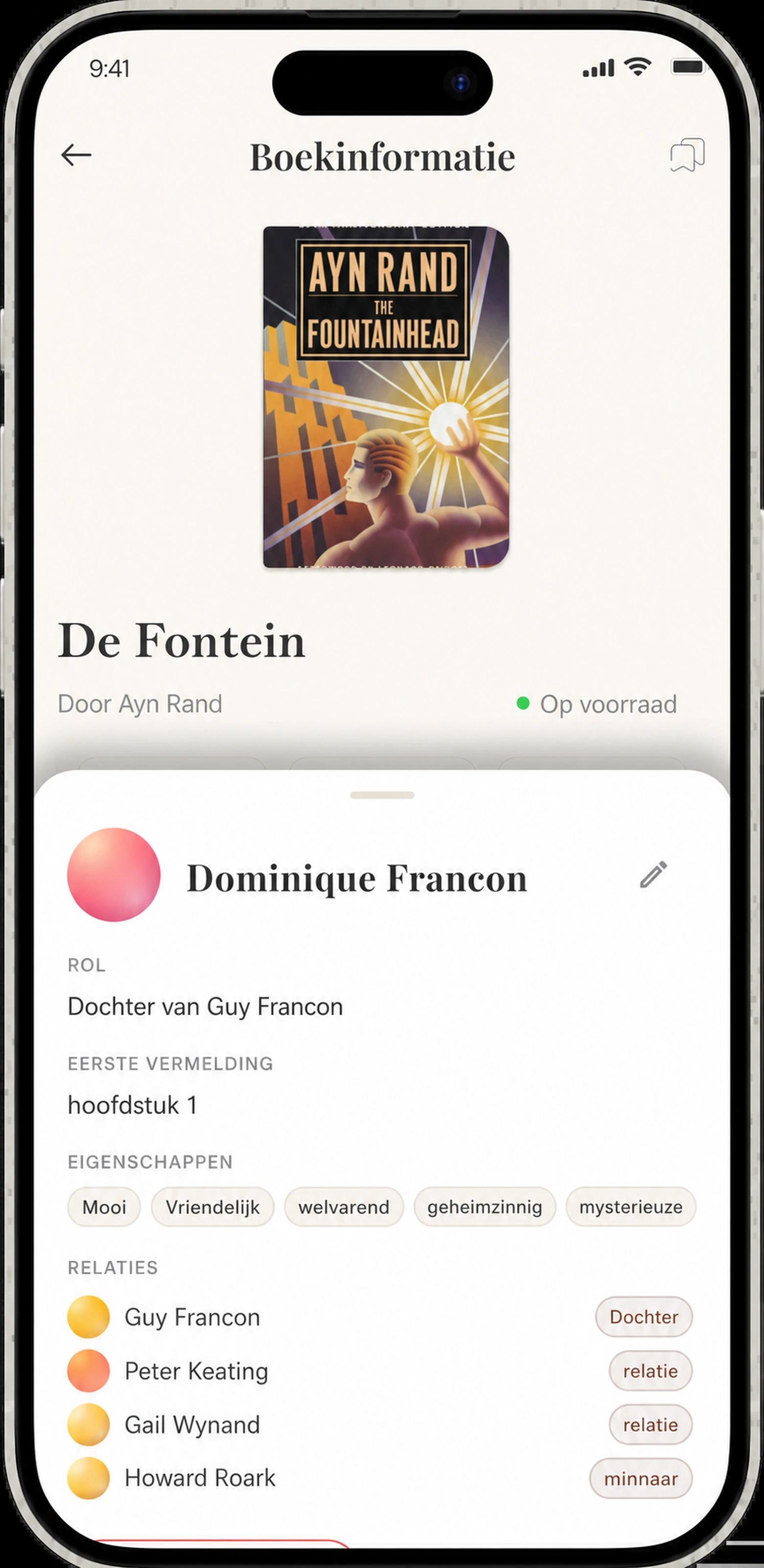 Karakter detail sheet rol, eerst gezien, attributen en relaties