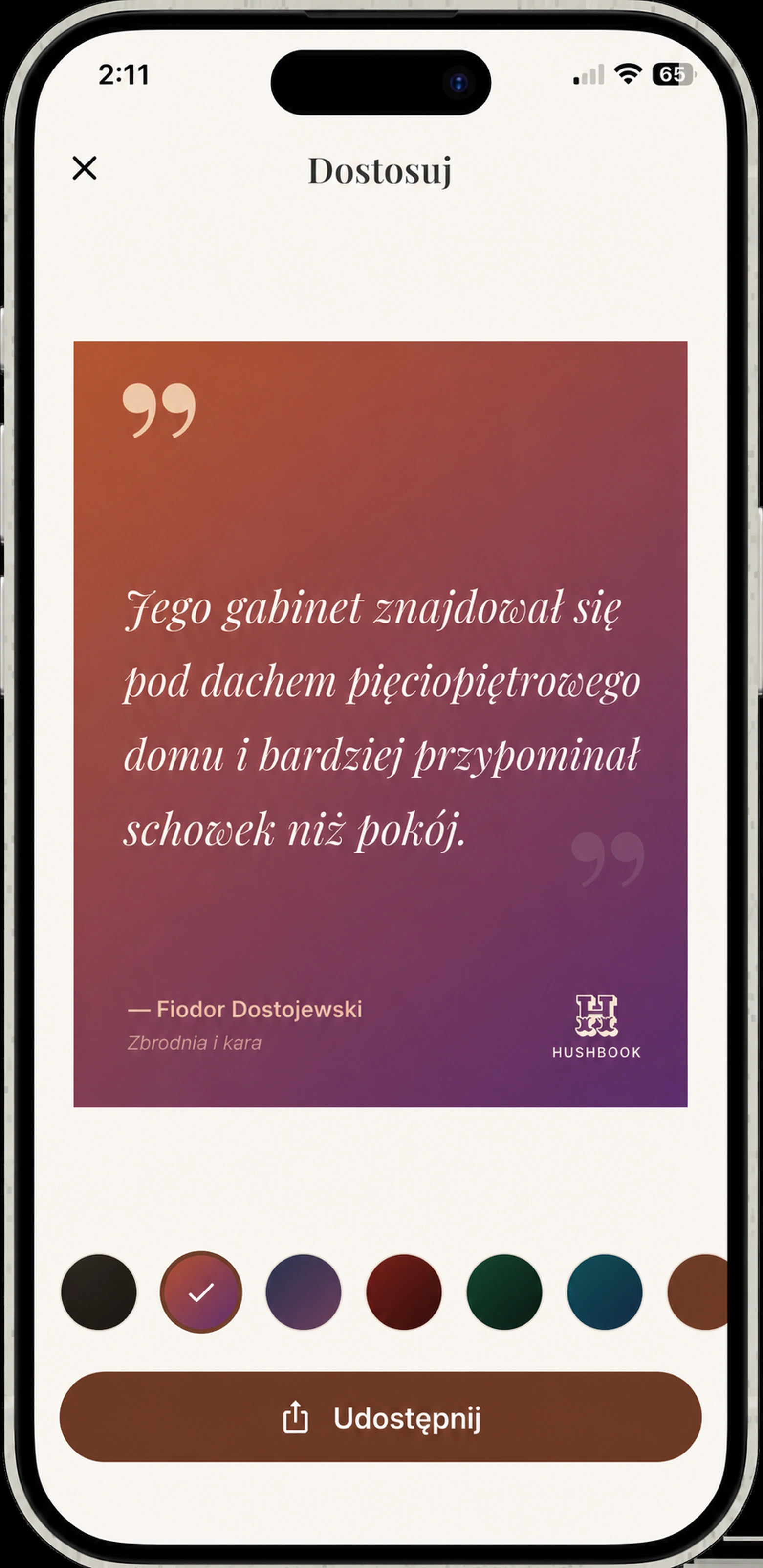 Ukończona karta cytatu HushBook gotowa do akcji - linia, autor i książka