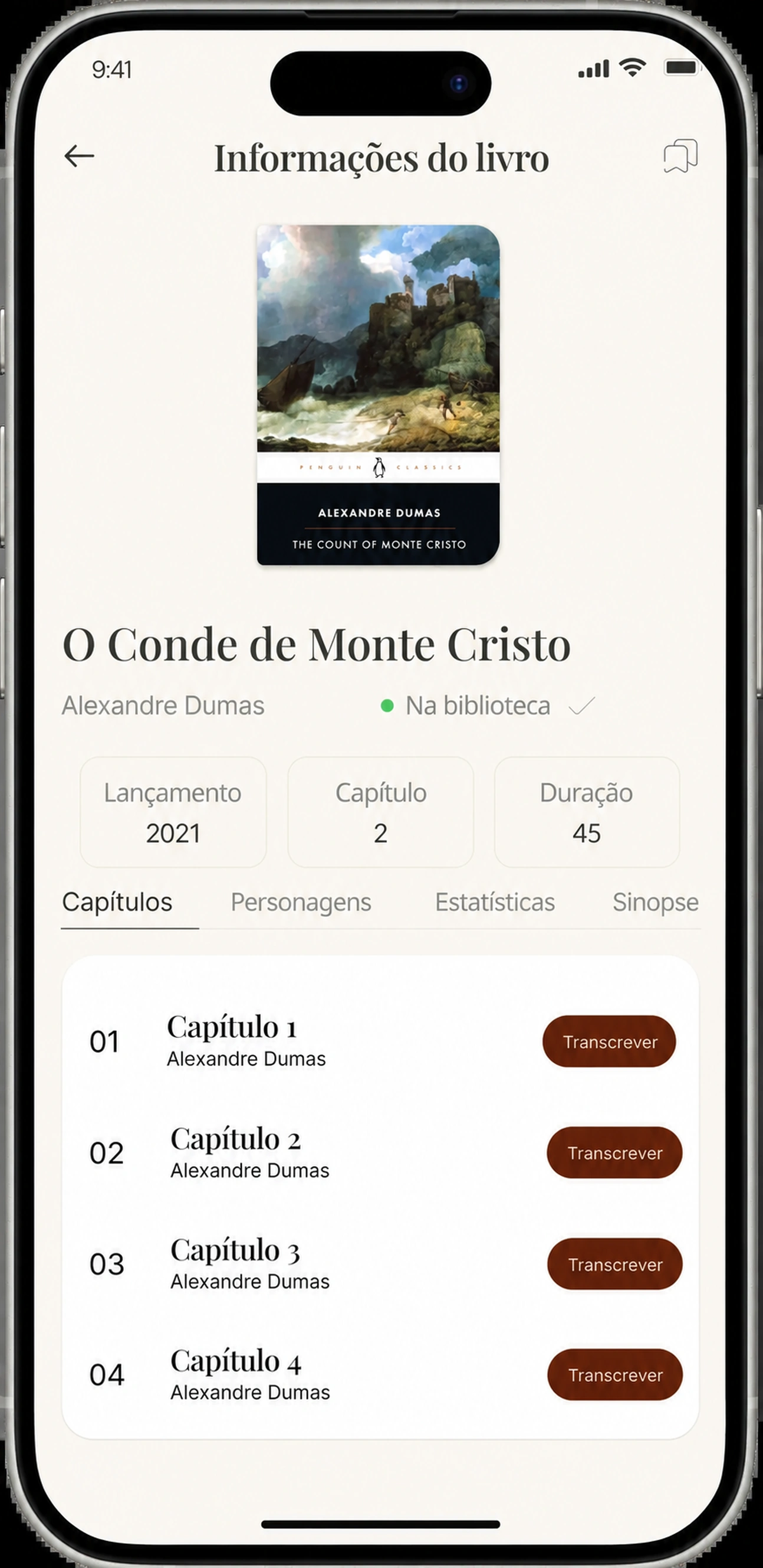 Ecrã de informação do livro com botões de Transcrição para cada capítulo