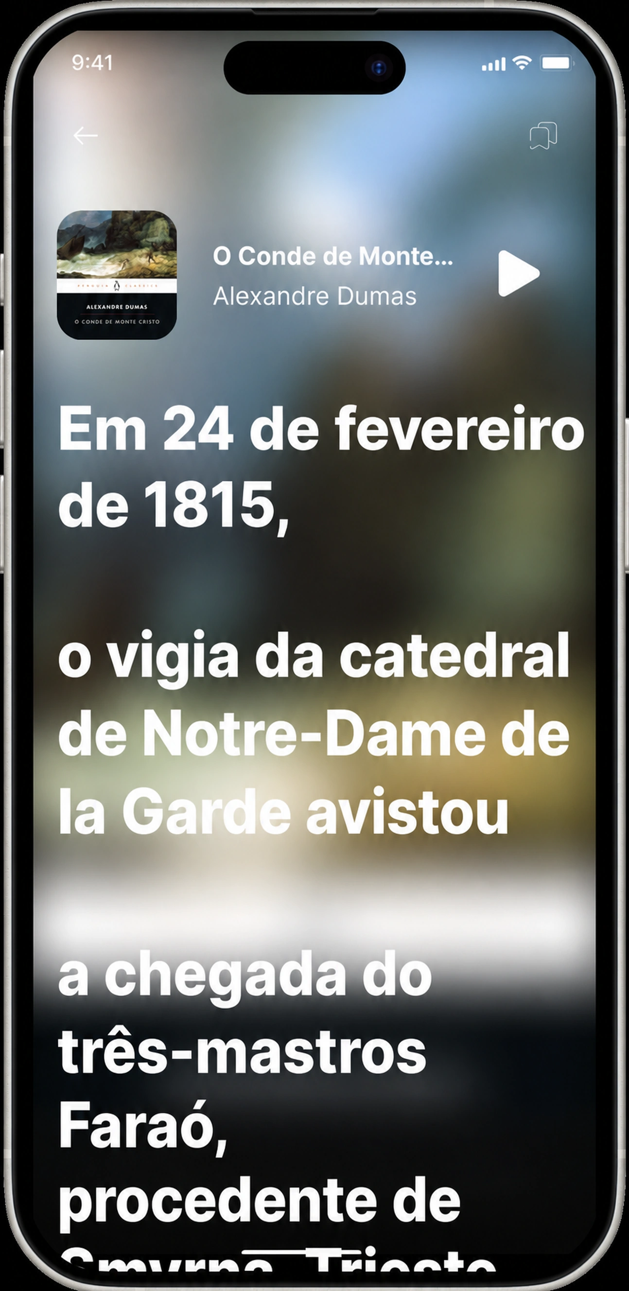 Lendo junto com O Conde de Monte Cristo — cada palavra destacada em sincronia com a narração