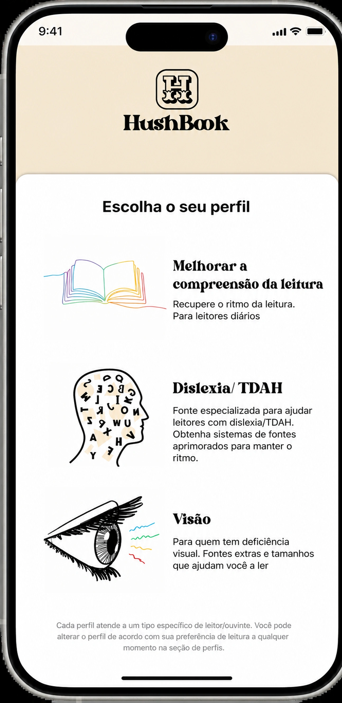 Escolha seu perfil de leitura: Compreensão, Dislexia/ADHD ou Visão