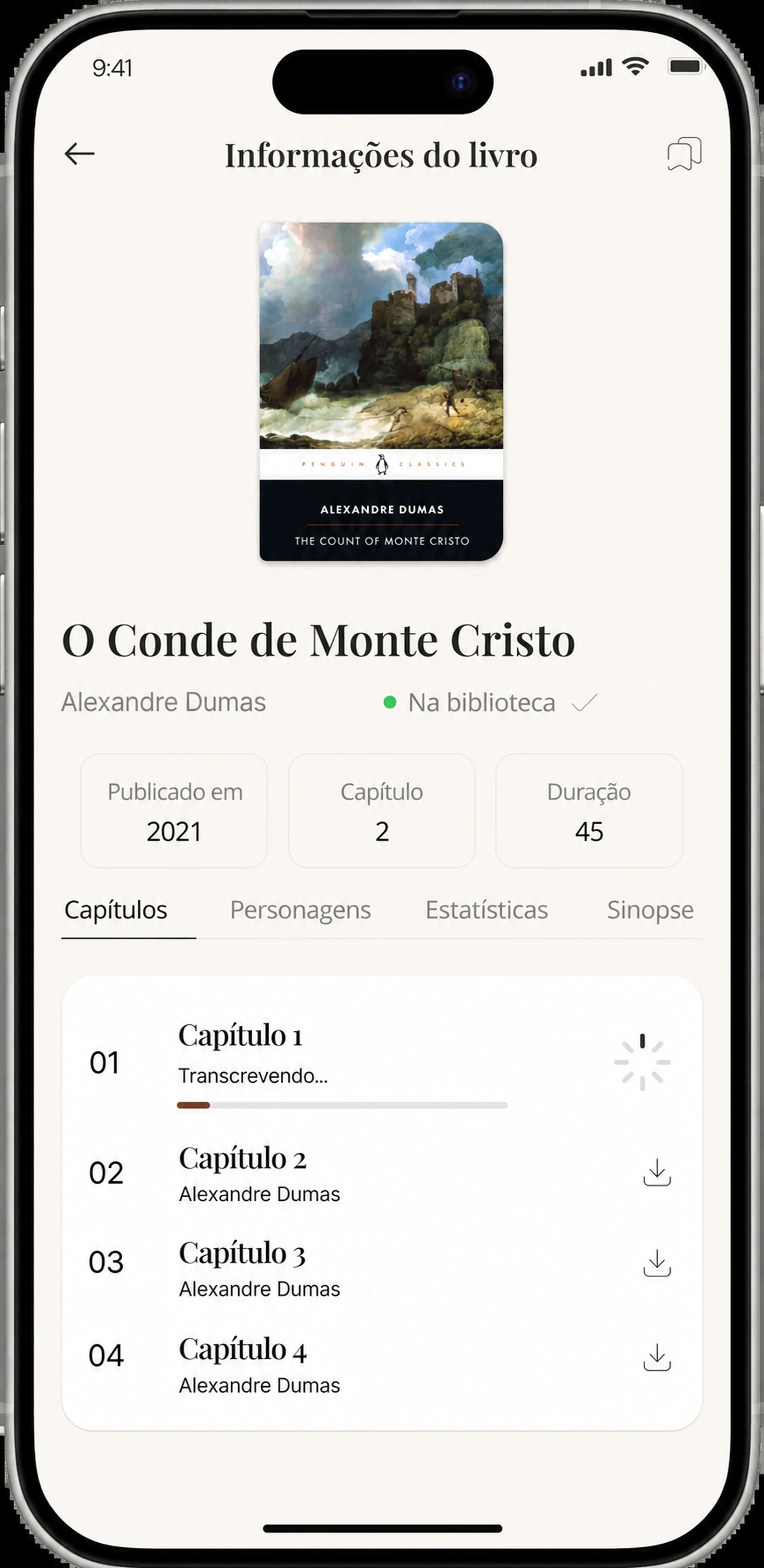 Capítulo um a transcrever com uma barra de progresso