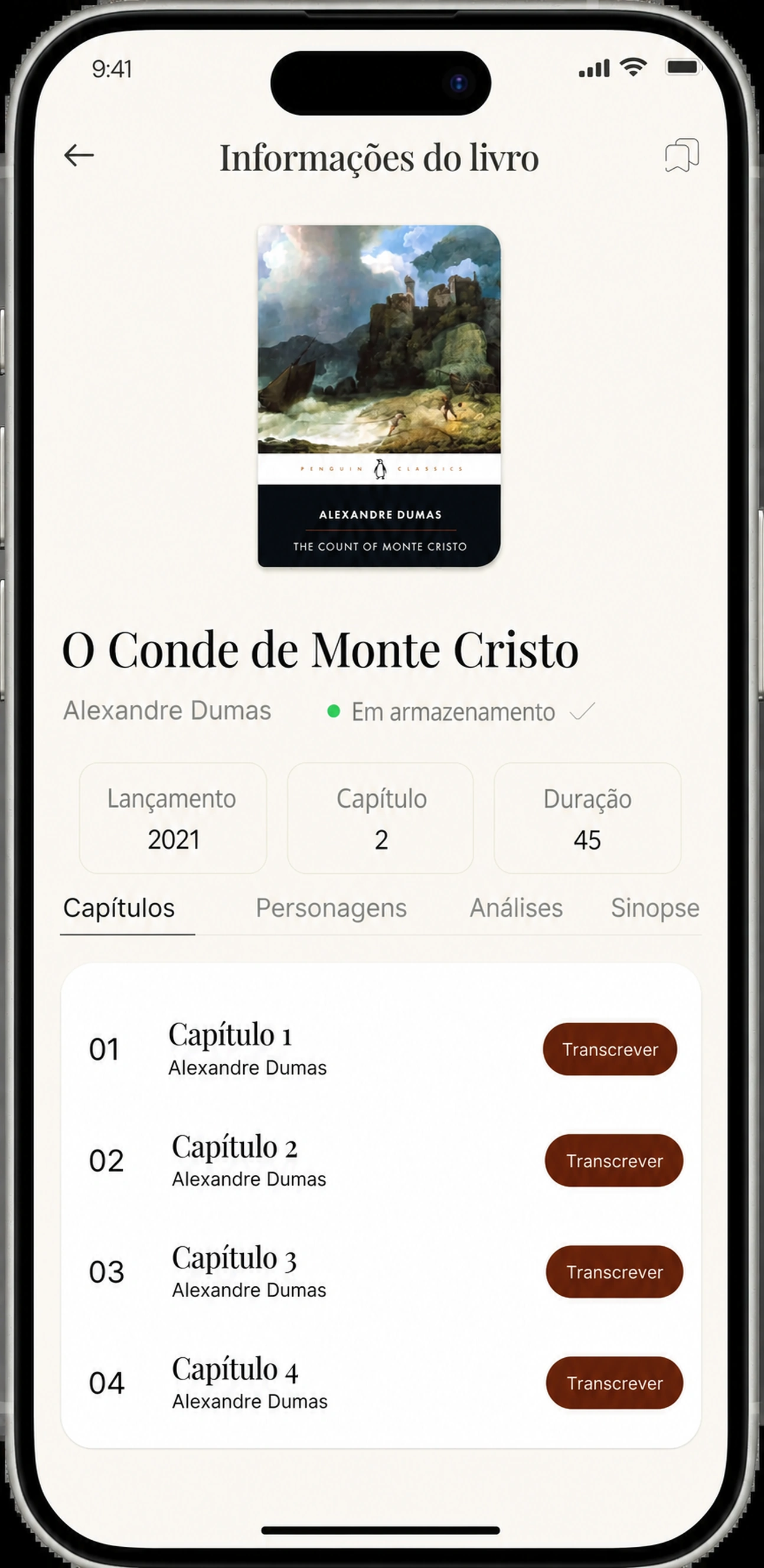 Ecrã de informação do livro com botões de Transcrição para cada capítulo