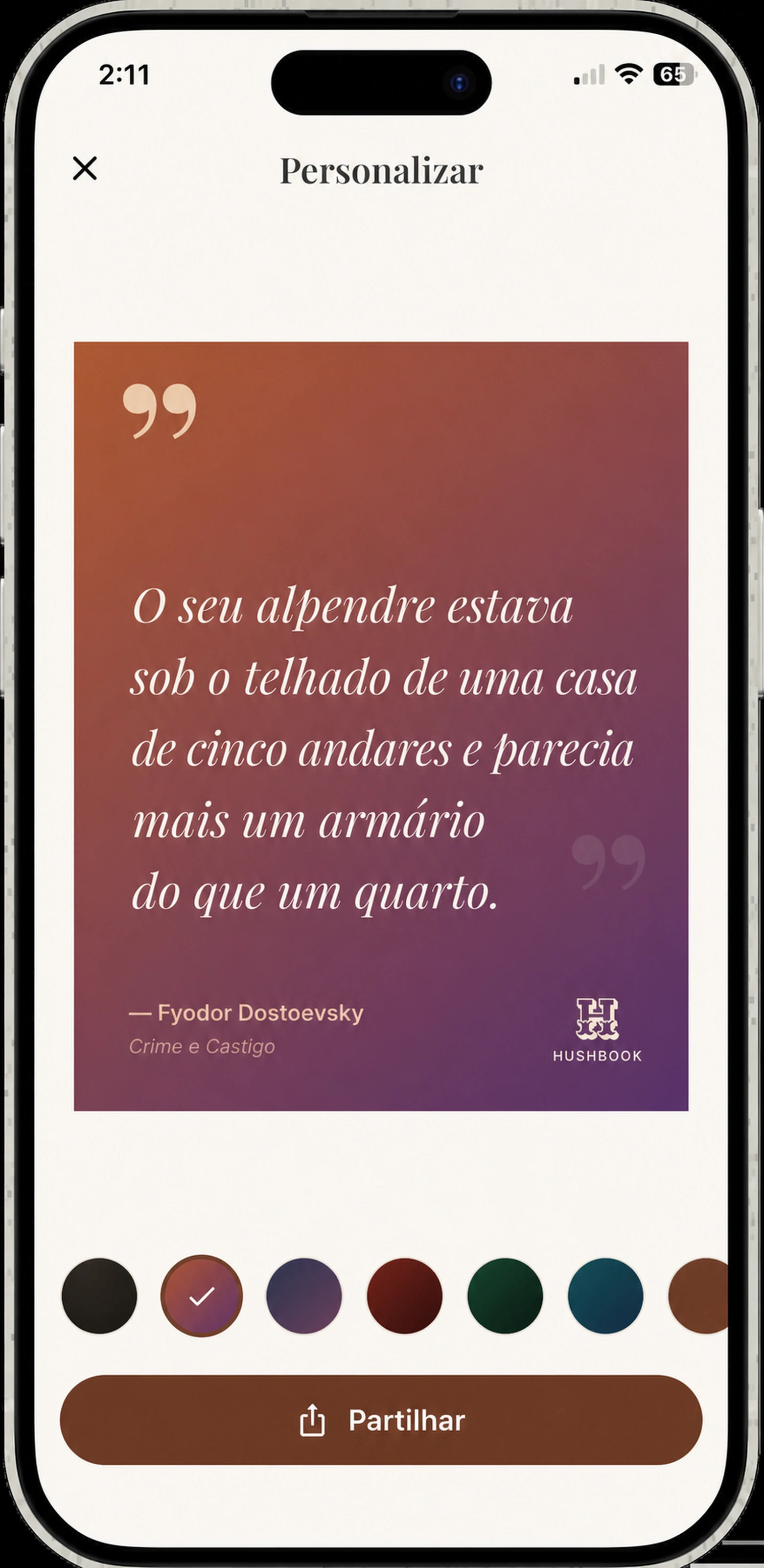 Um cartão de cotação HushBook terminado pronto para compartilhar — a linha, o autor e o livro