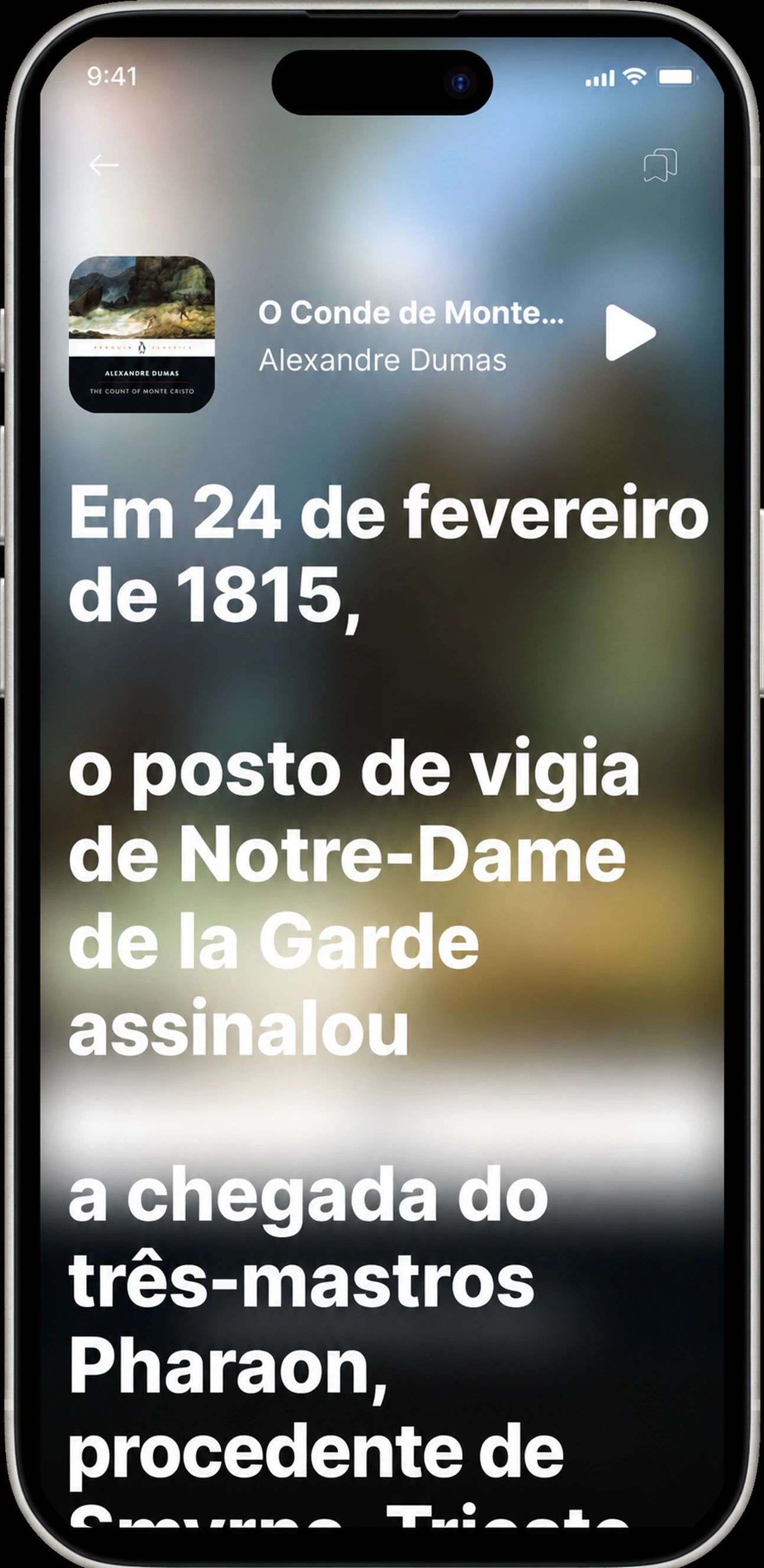 Lendo junto com O Conde de Monte Cristo — cada palavra destacada em sincronia com a narração