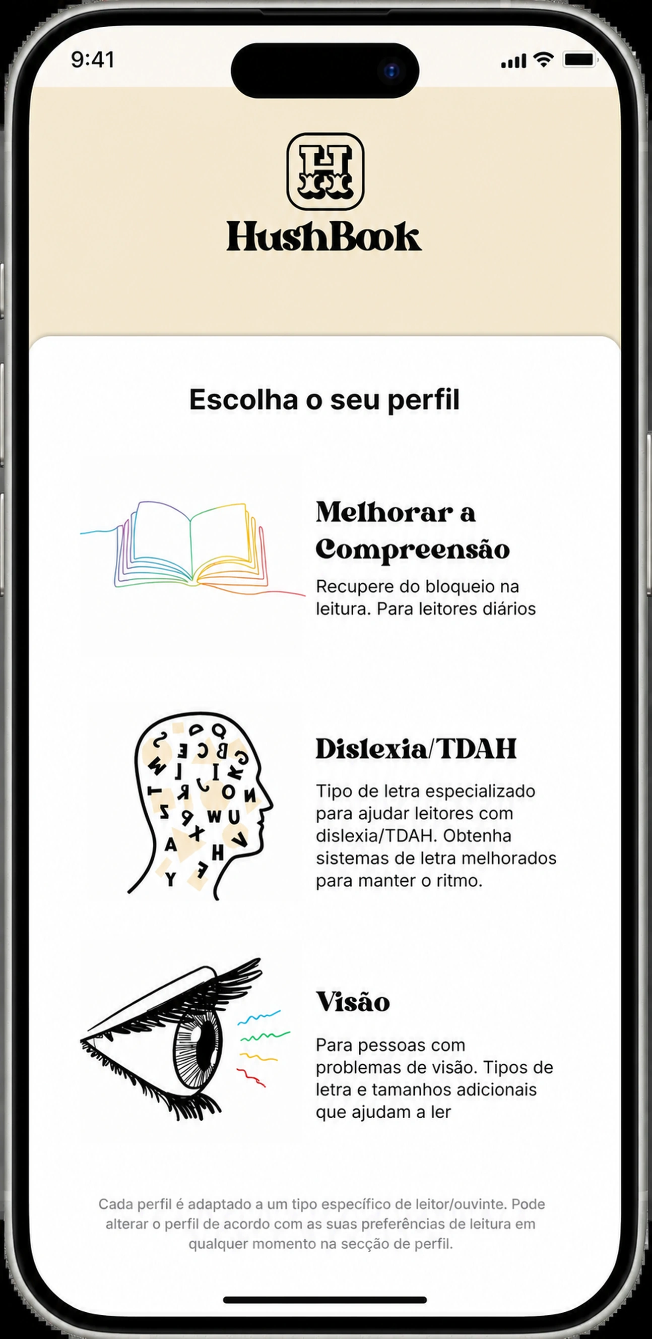 Escolha seu perfil de leitura: Compreensão, Dislexia/ADHD ou Visão