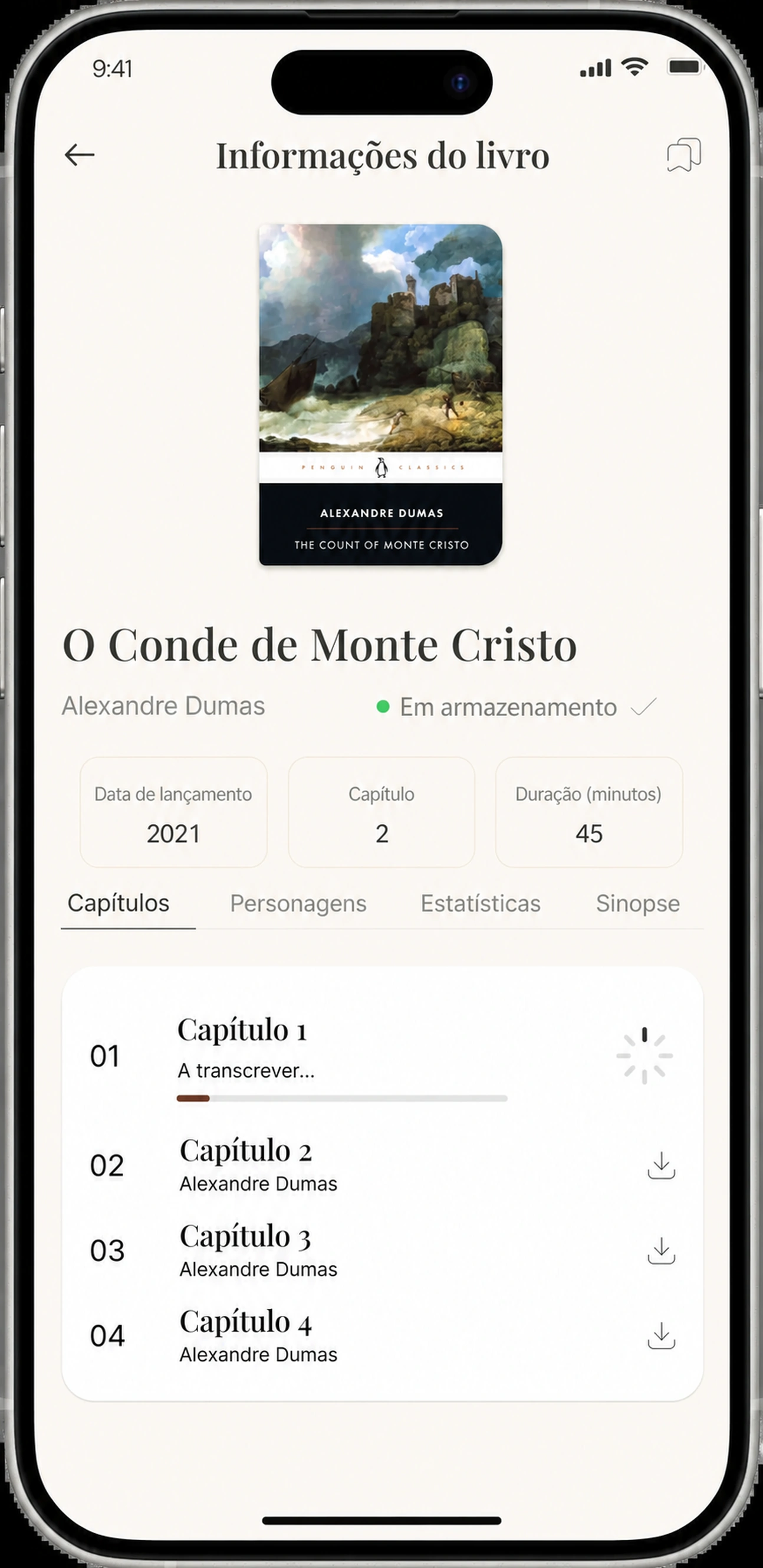 Capítulo um a transcrever com uma barra de progresso