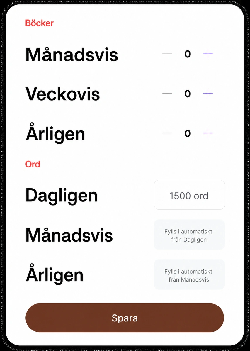 Målsättningsblad för böcker och ord