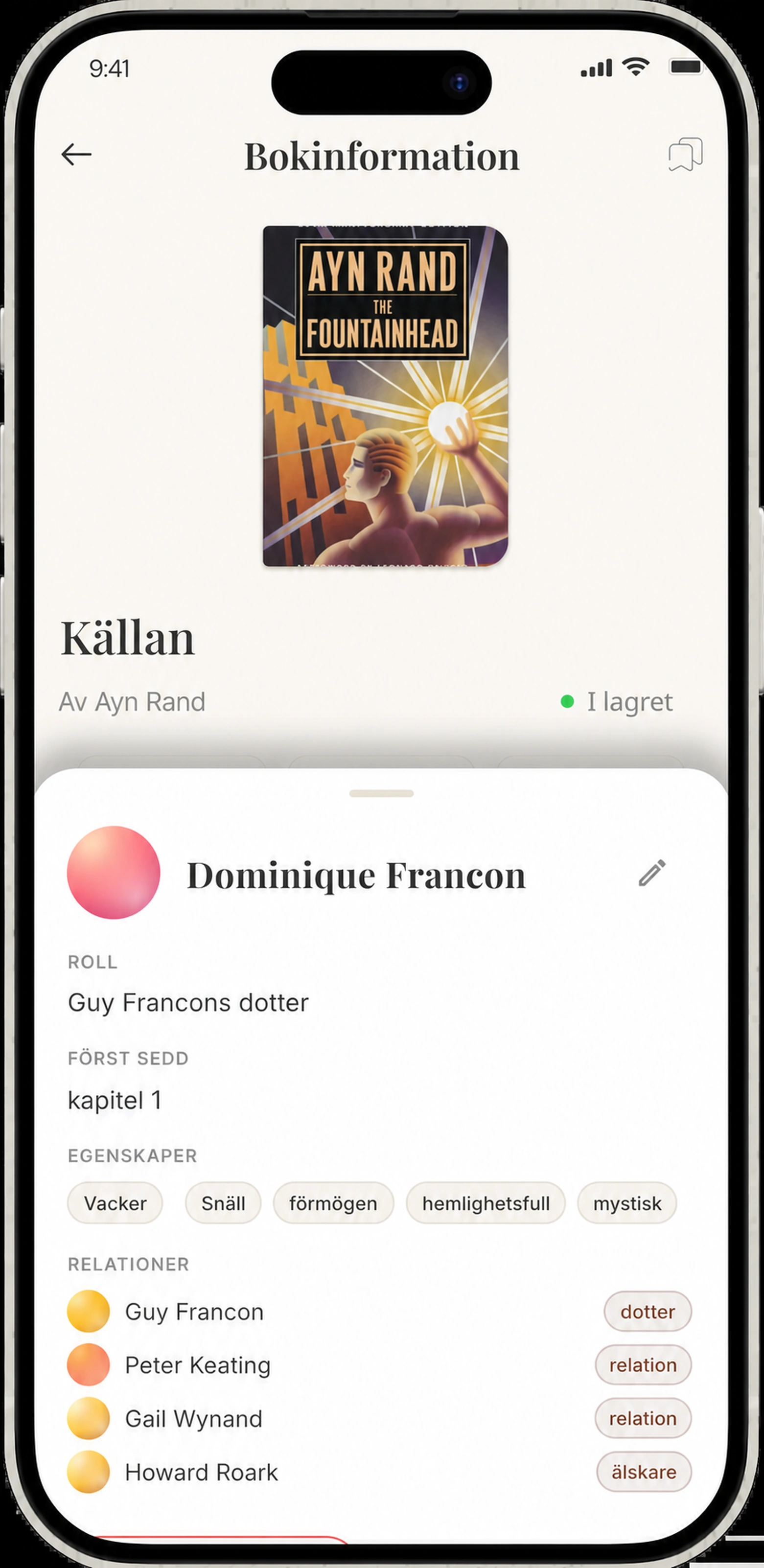 Karaktär detaljblad - roll, först sett, attribut och relationer