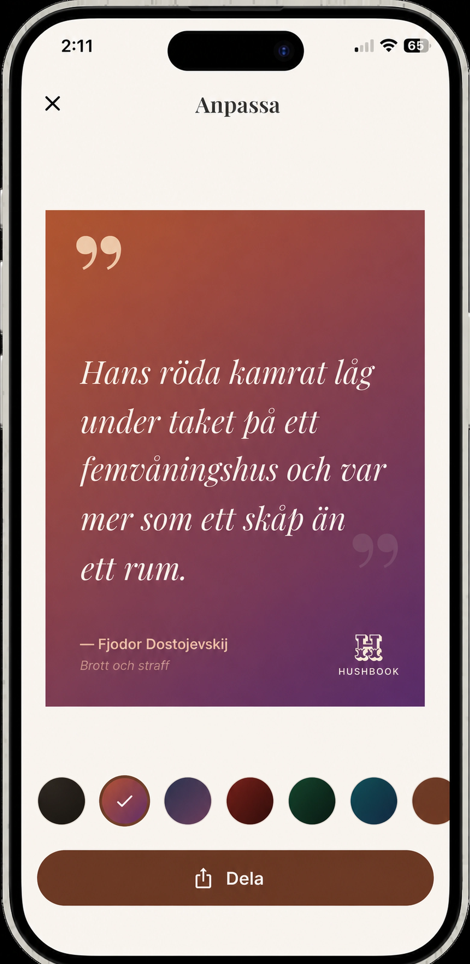 Ett färdigt HushBook-kort redo att dela - linjen, författaren och boken