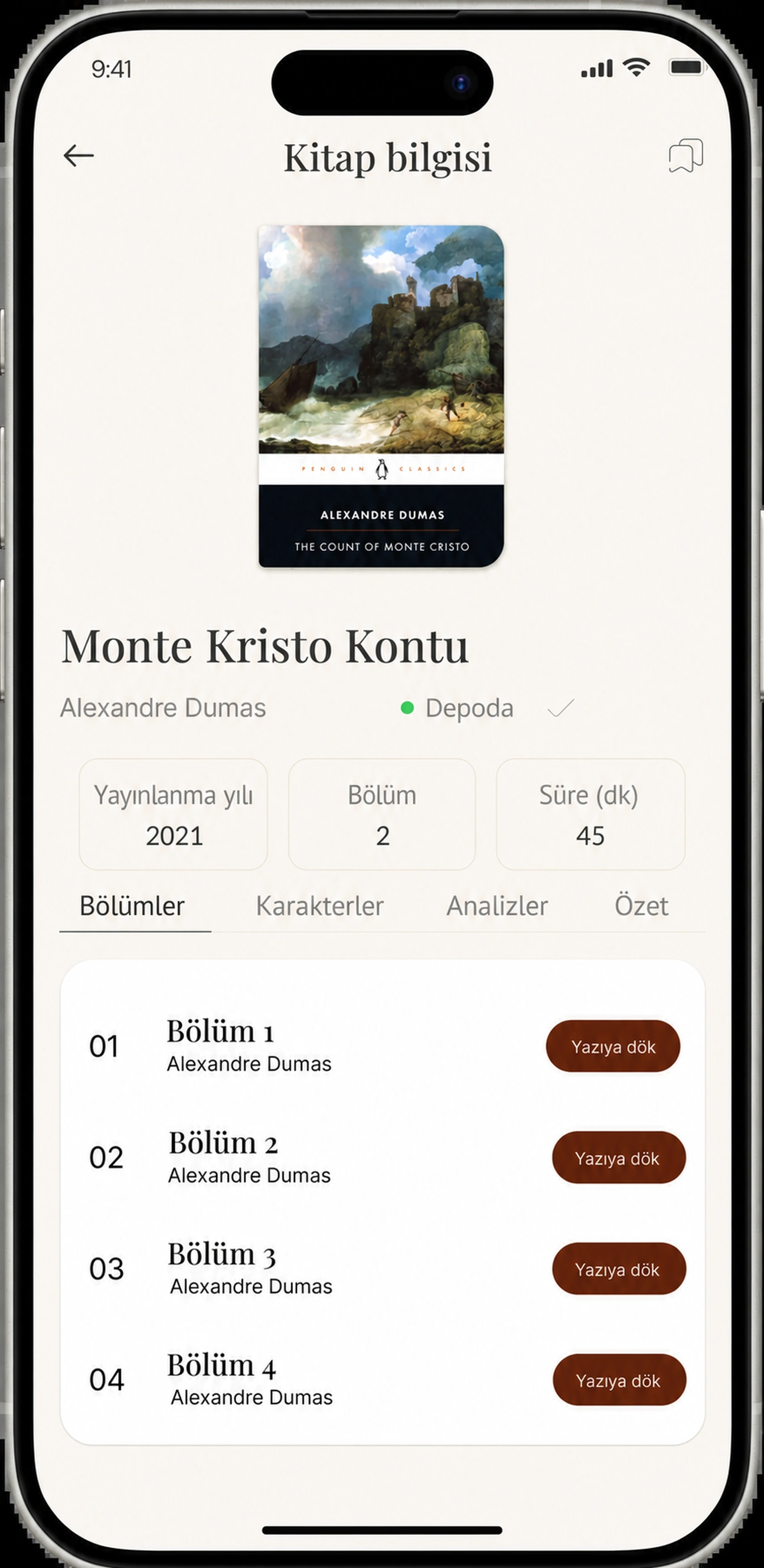 Her bölüm için Transcript düğmeleri ile kitap bilgi ekranı