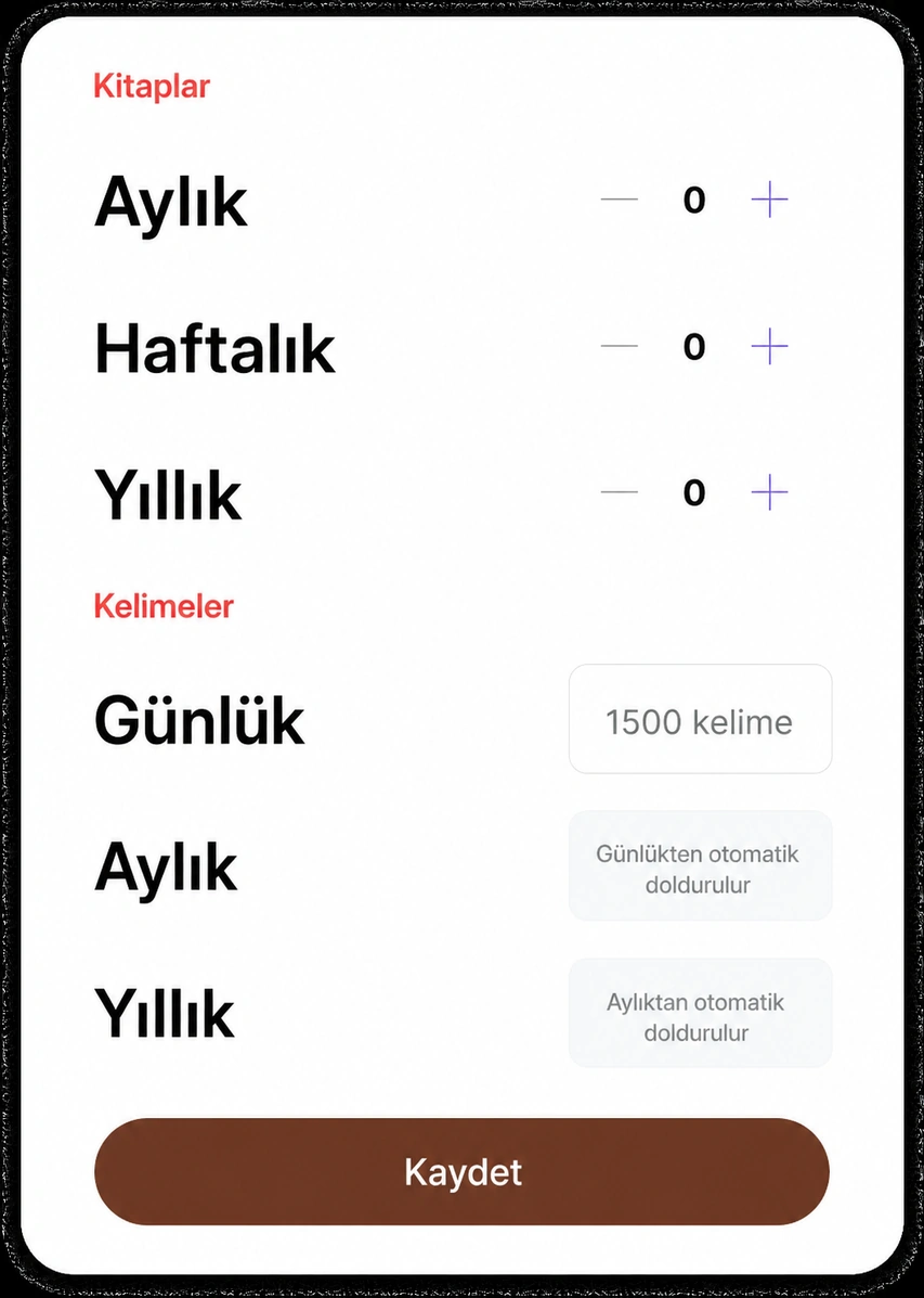 Kitaplar ve kelimeler için Goal ayar sayfası