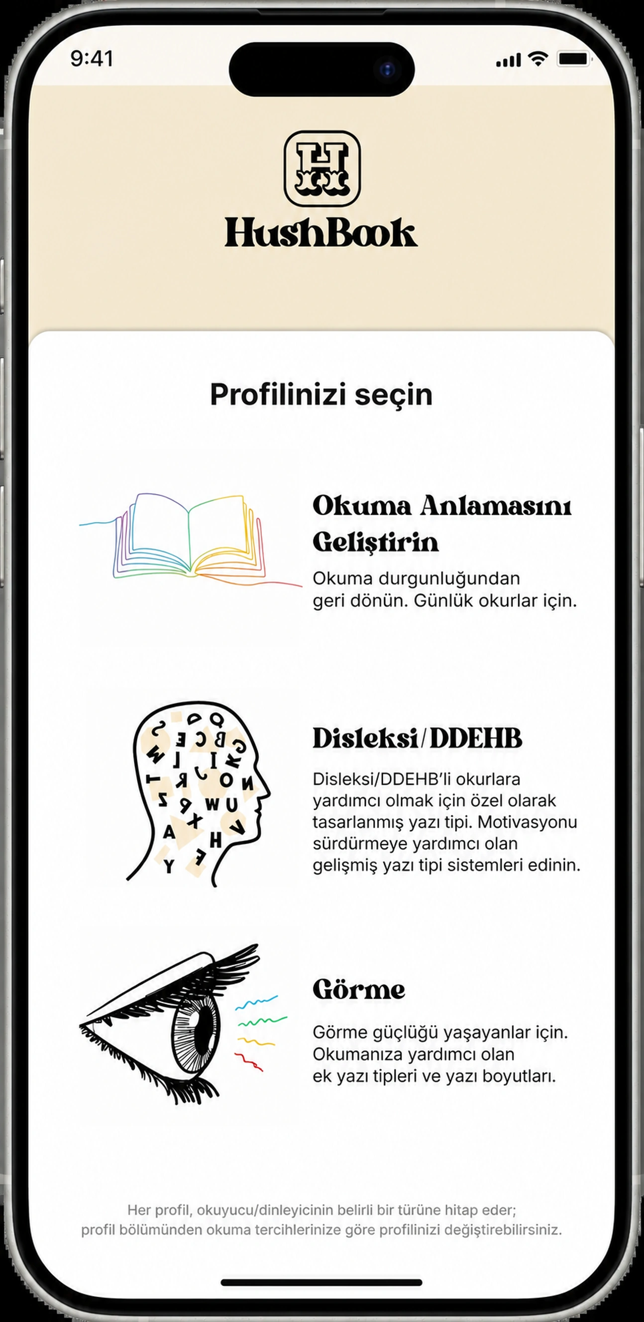Okuma profilinizi seçin: Anlama, Dyslexia/ADHD veya Vizyon