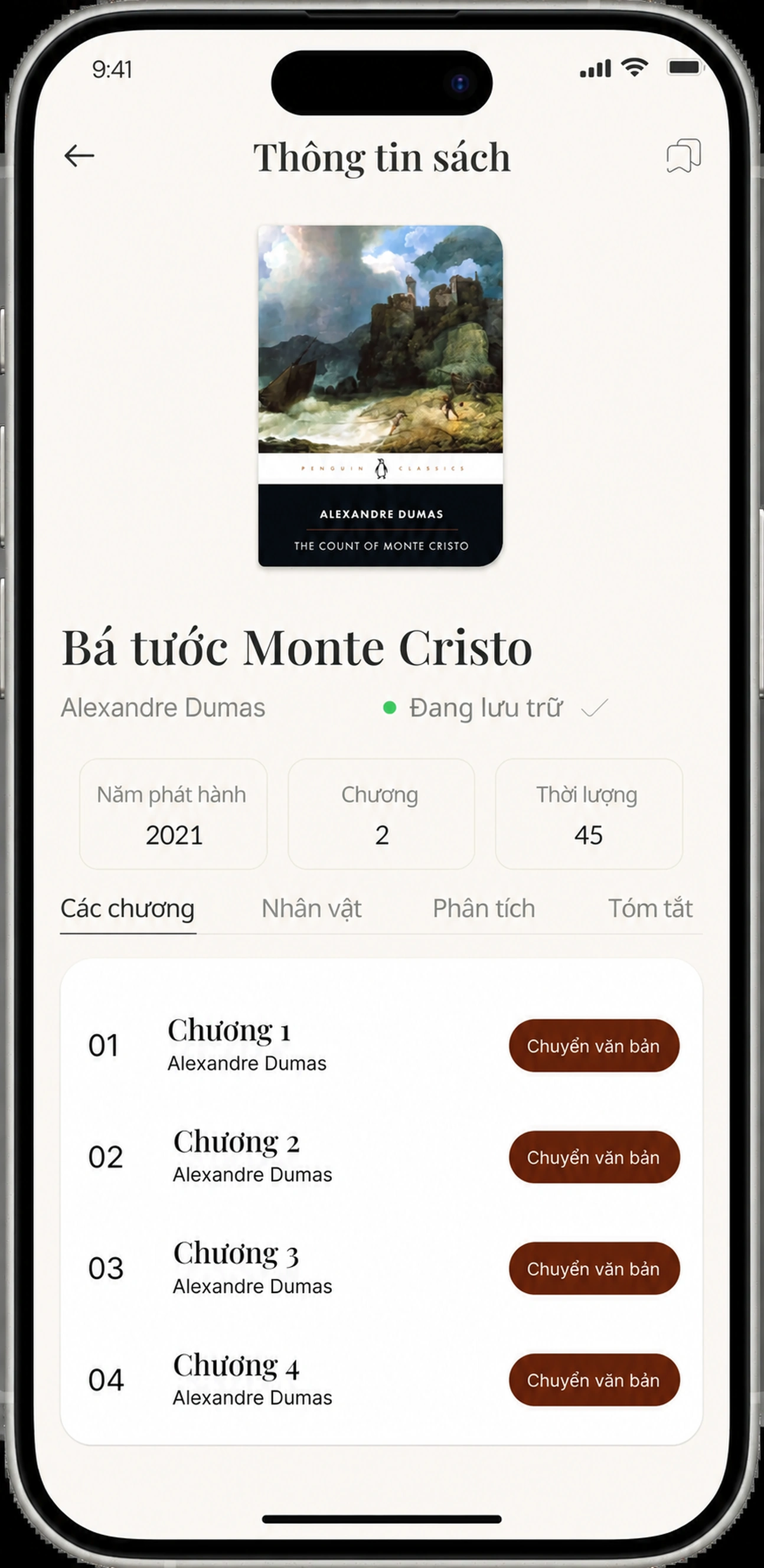 Book info screen with Transcribe buttons for each chapter