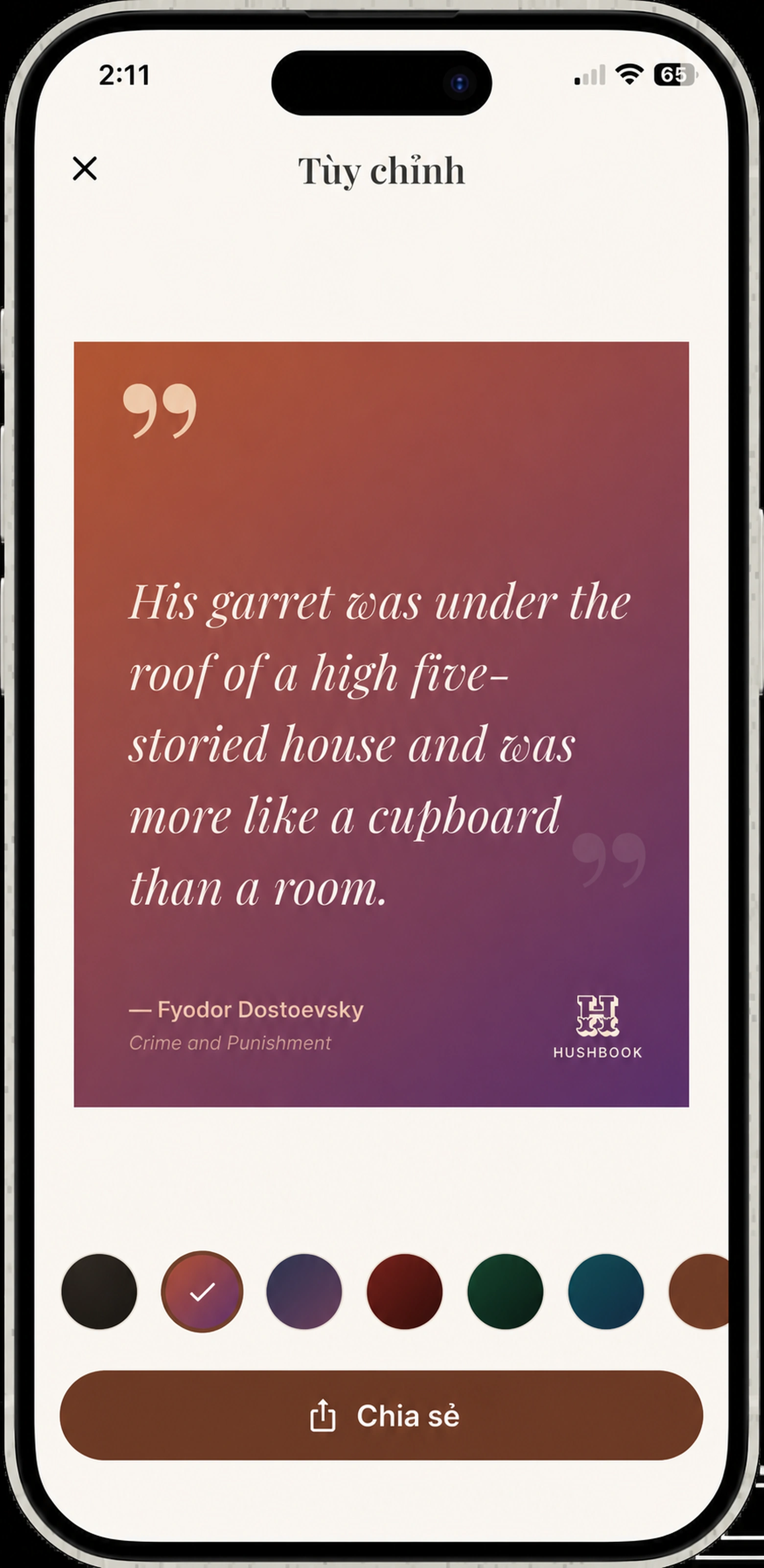A finished HushBook quote card ready to share — the line, author, and book