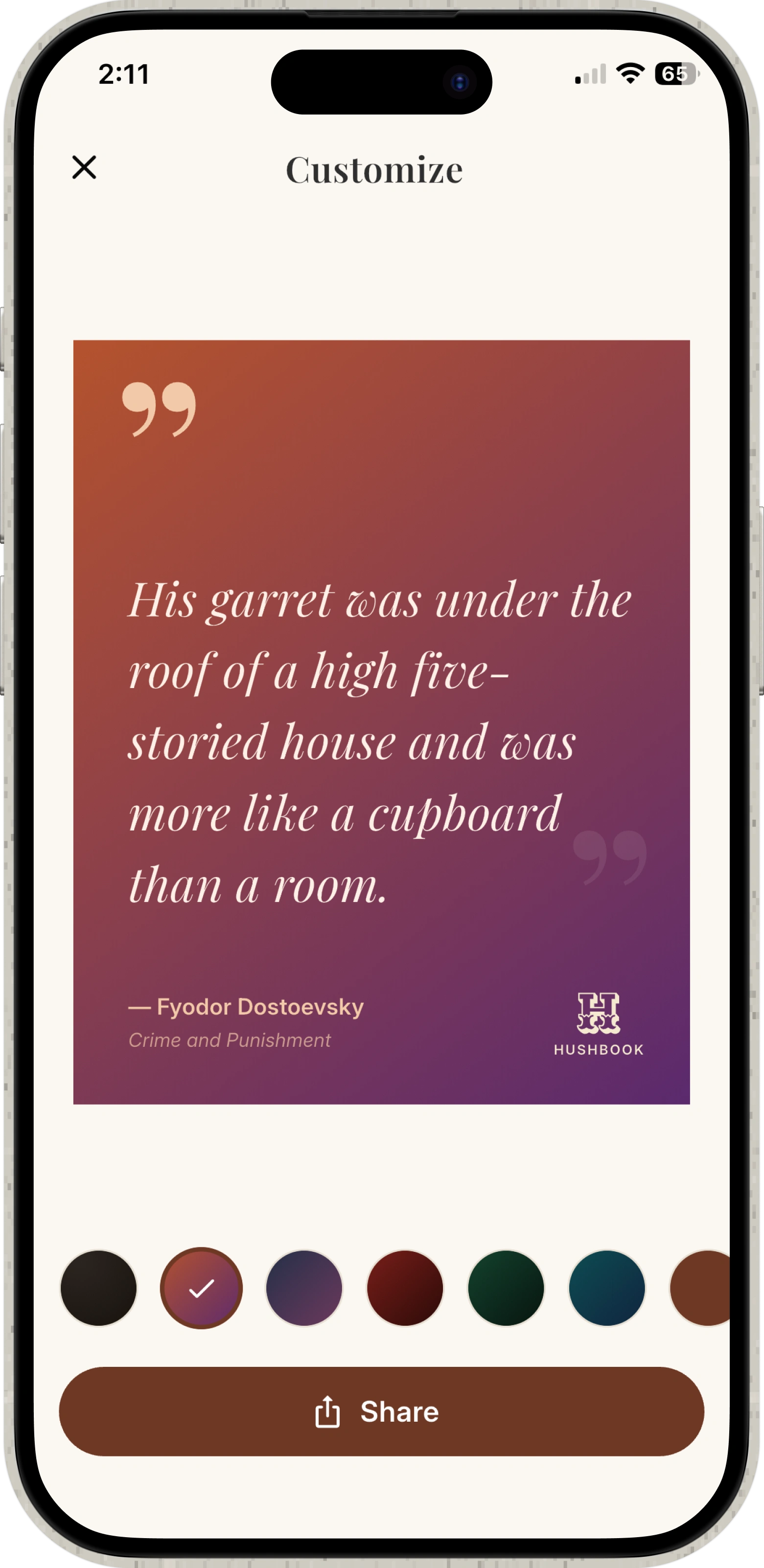 A finished HushBook quote card ready to share — the line, author, and book